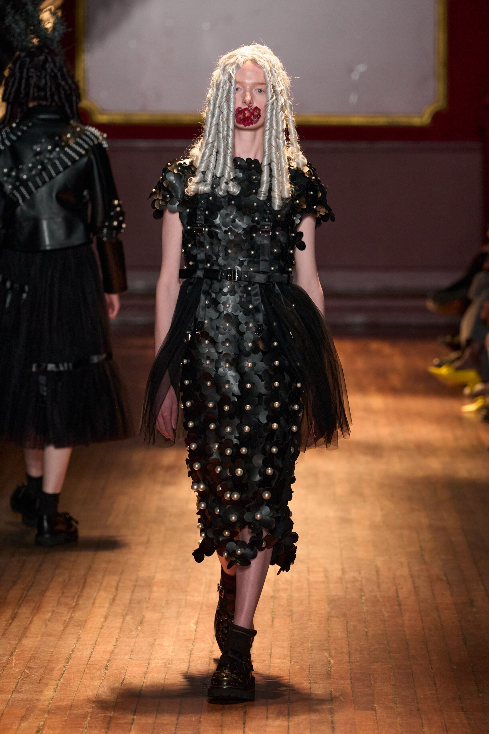 black floral appliqué belted midi dress