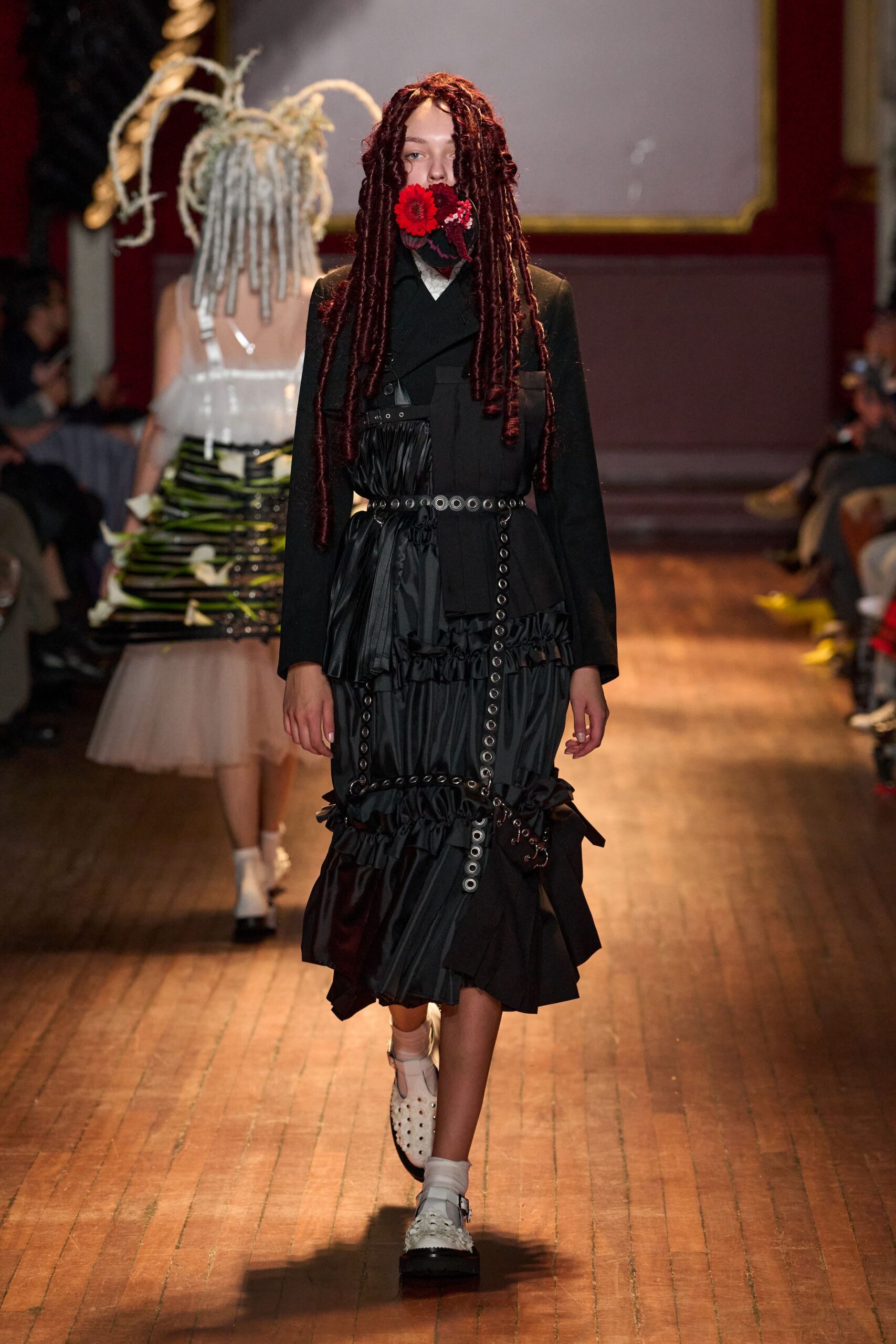 black deconstructed ruffled shirt dress