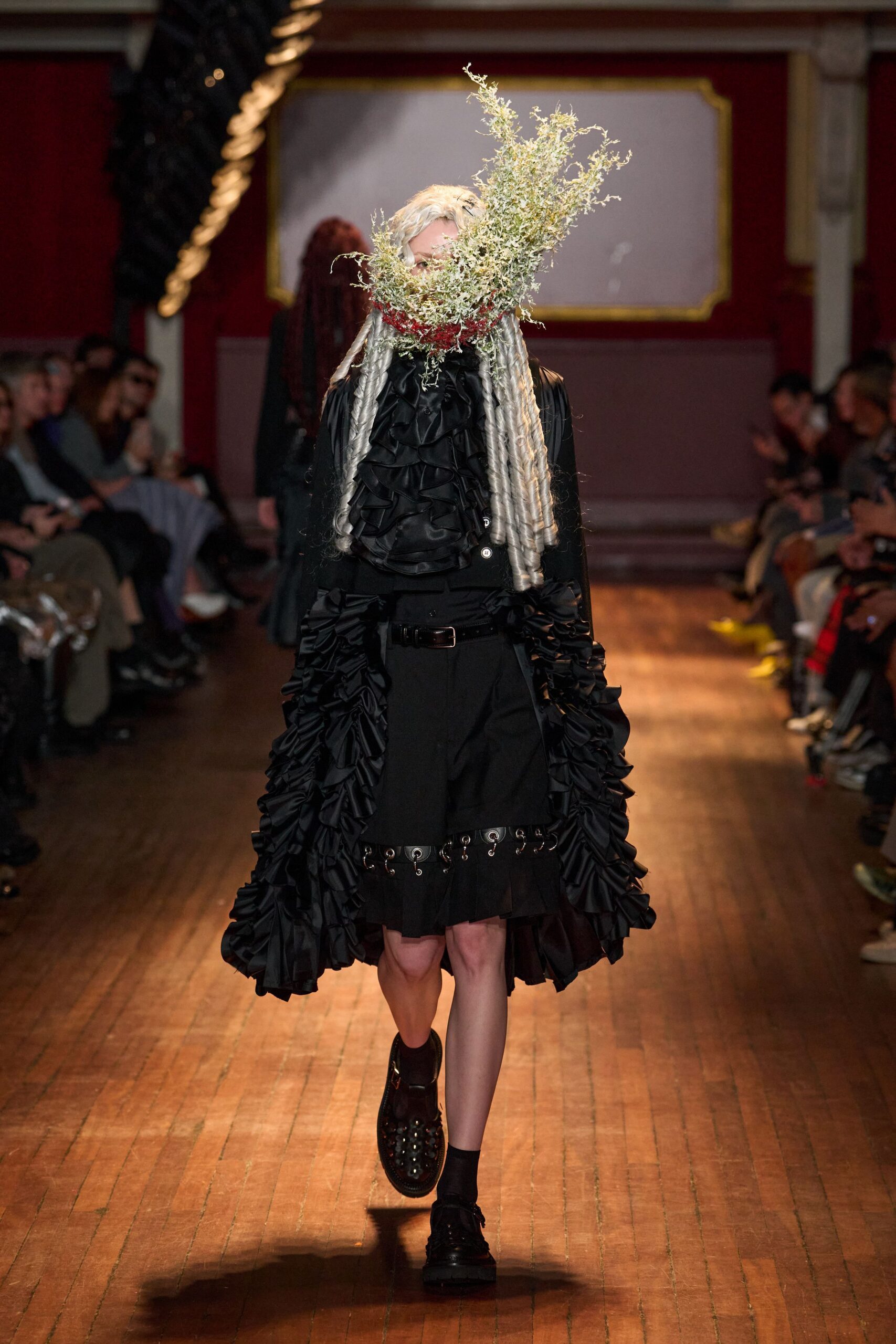 black ruffled satin shirt