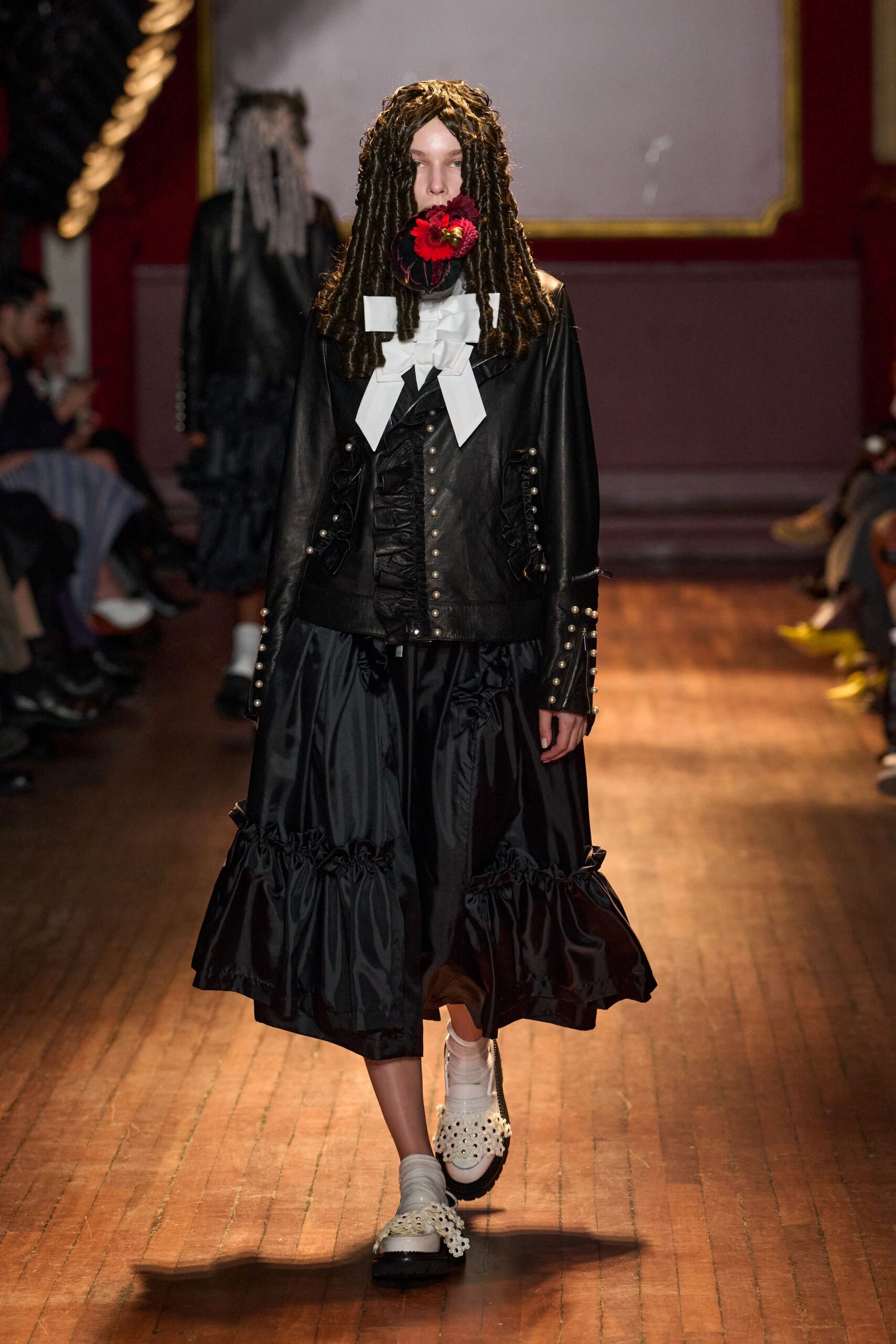 black leather ruffled moto jacket
