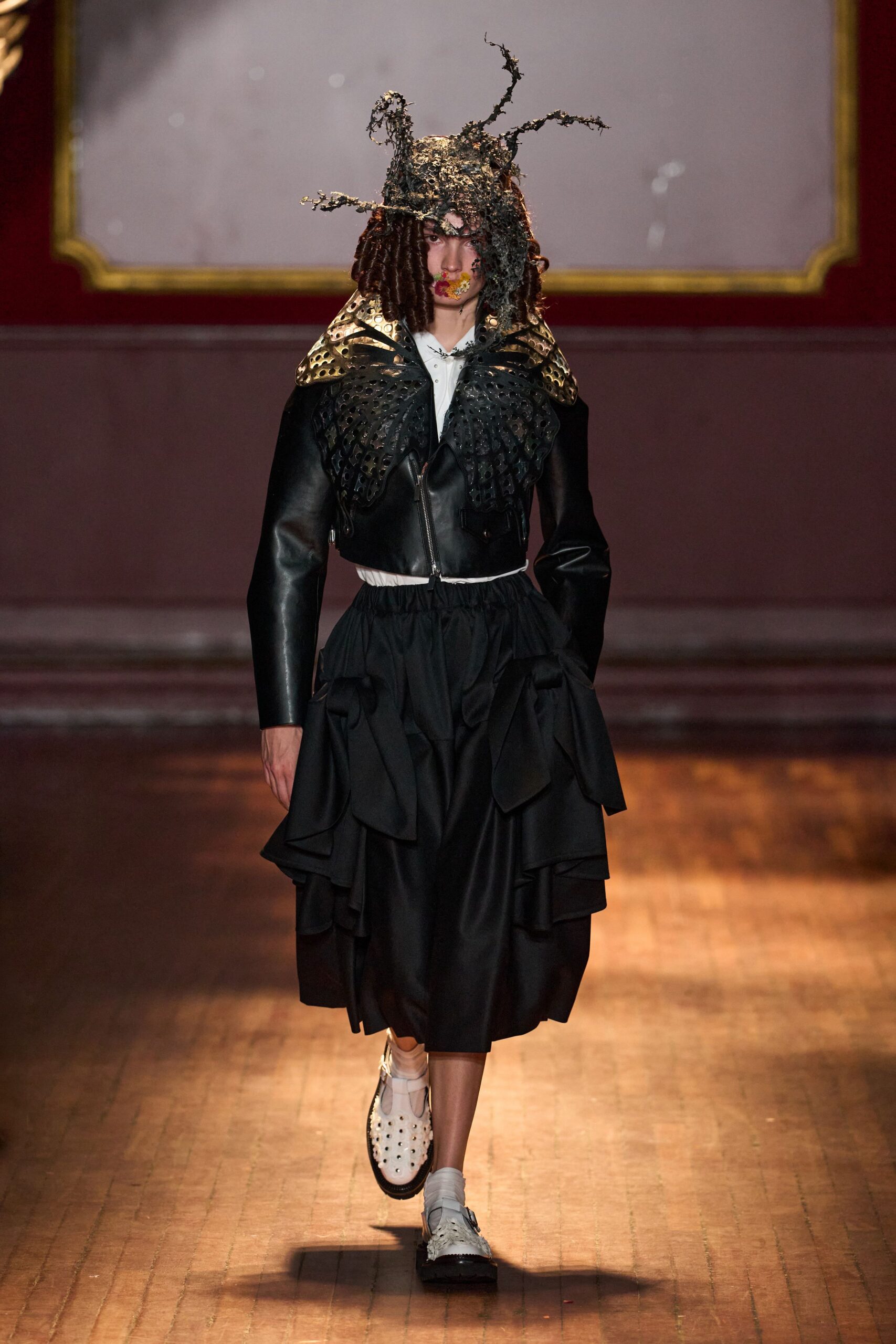 cropped leather jacket with sculptural collar