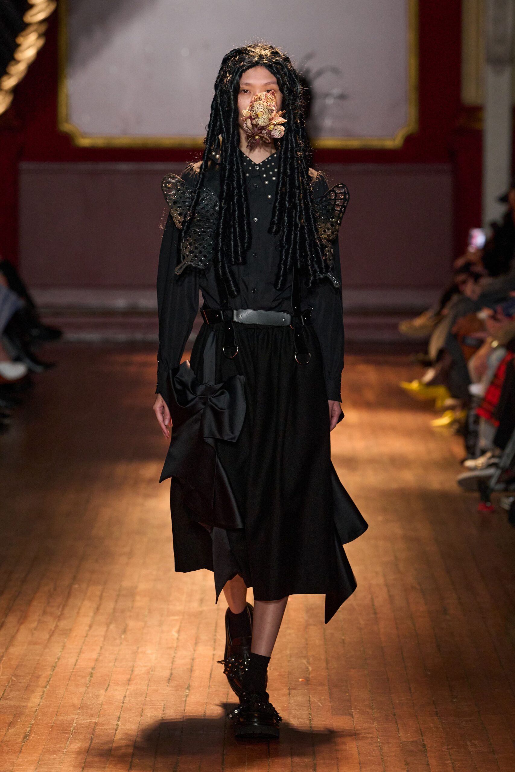 black asymmetric belted shirt dress
