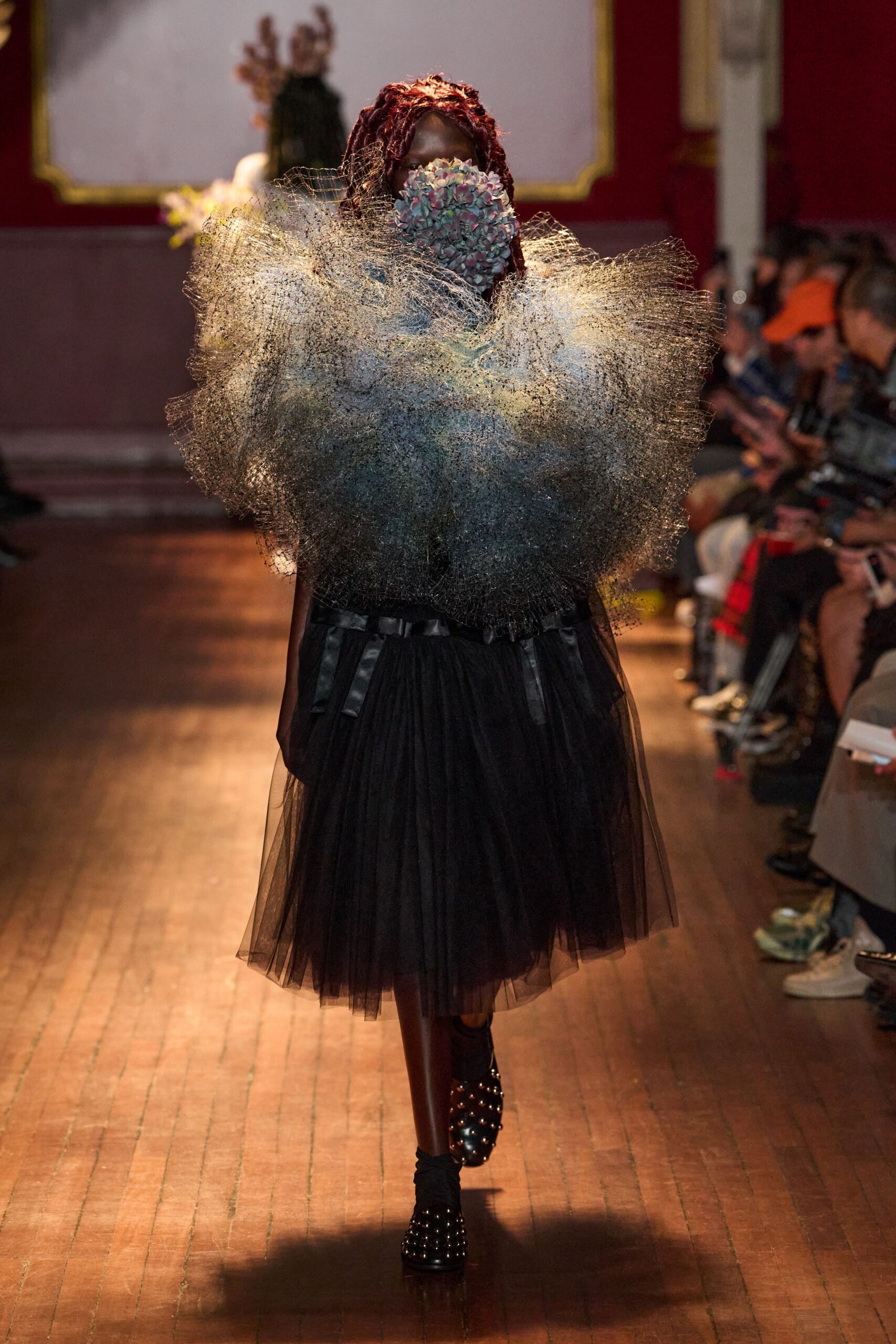 sculptural mesh top with tulle skirt