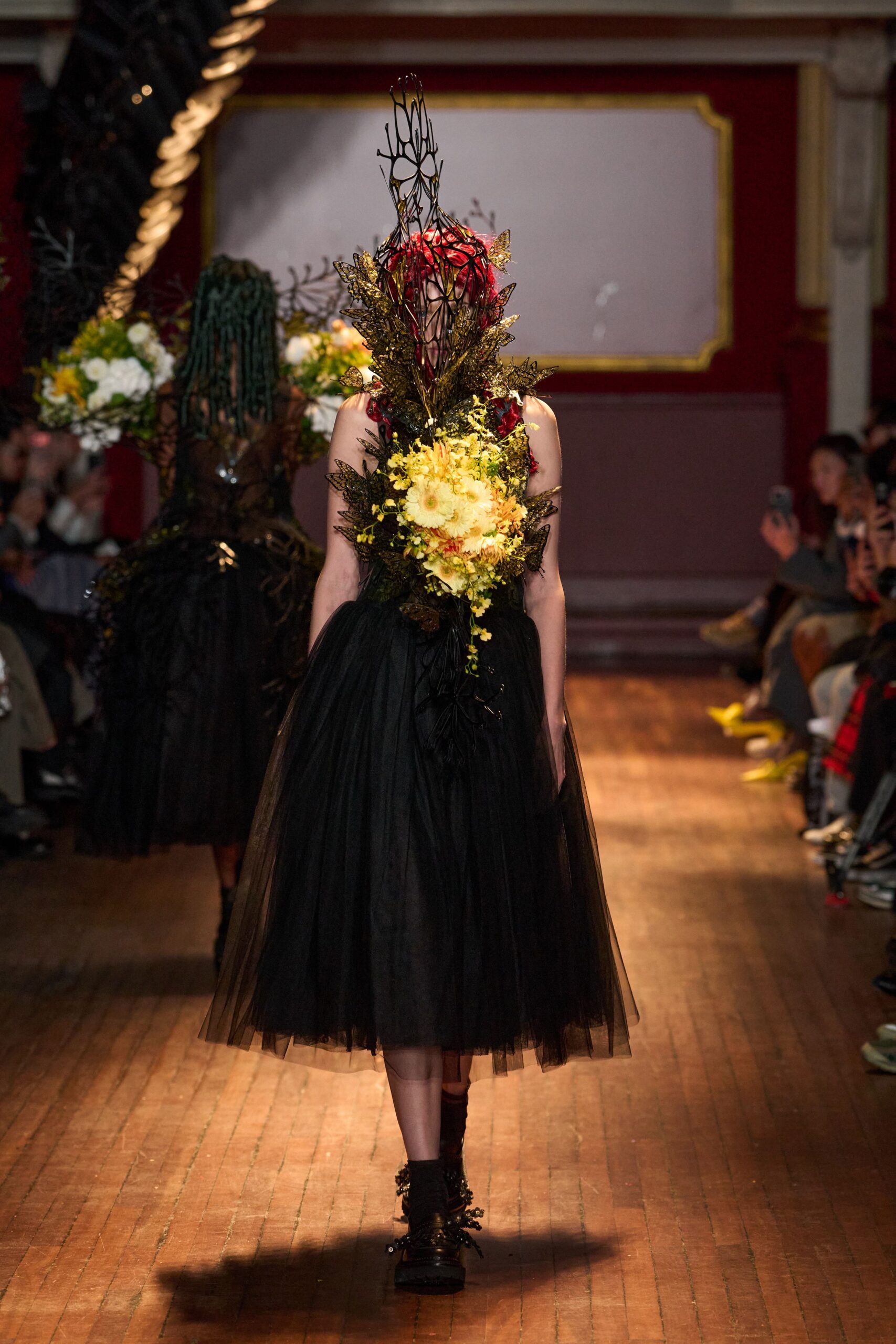 black tulle floral appliqué midi dress