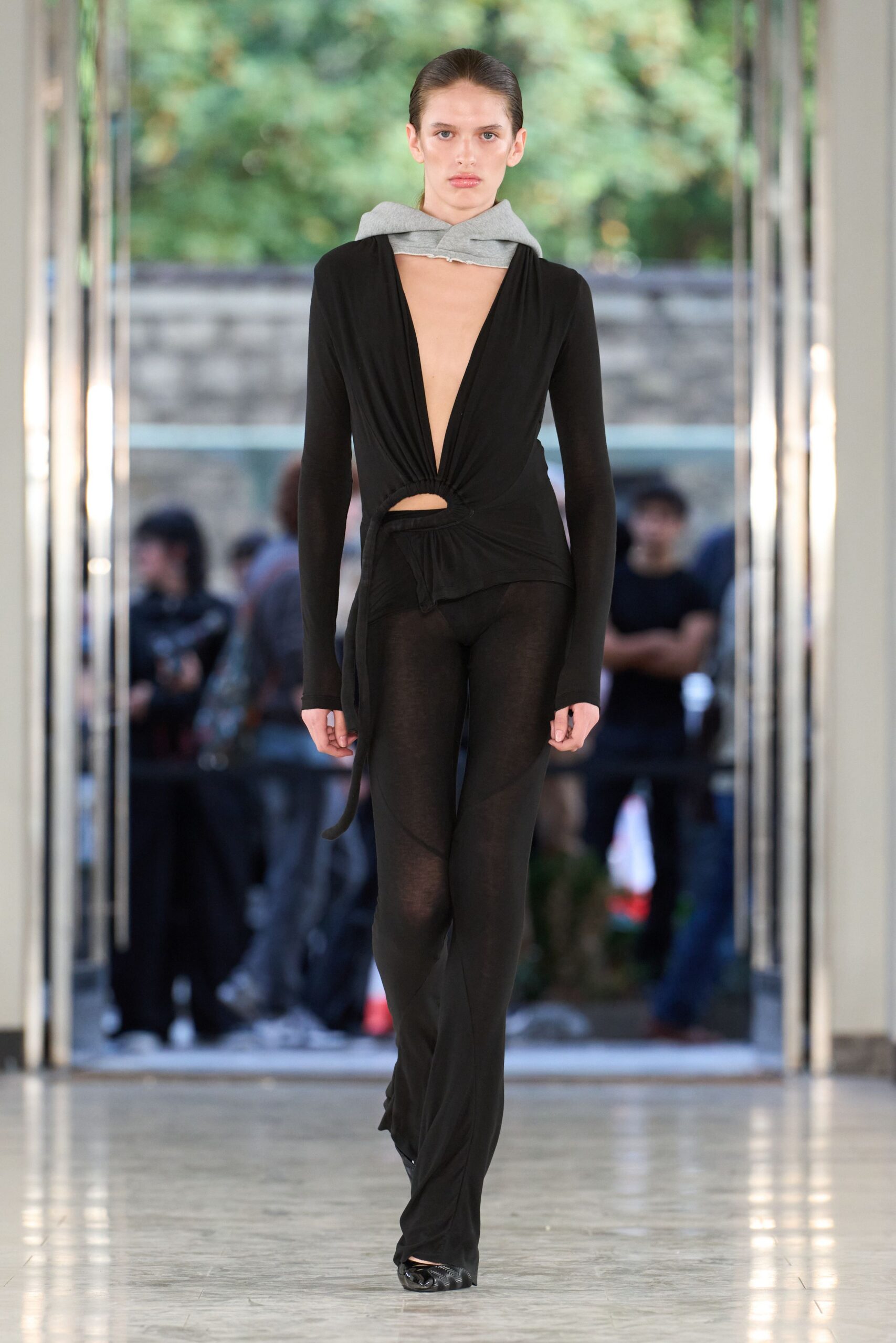 plunging draped black jersey top