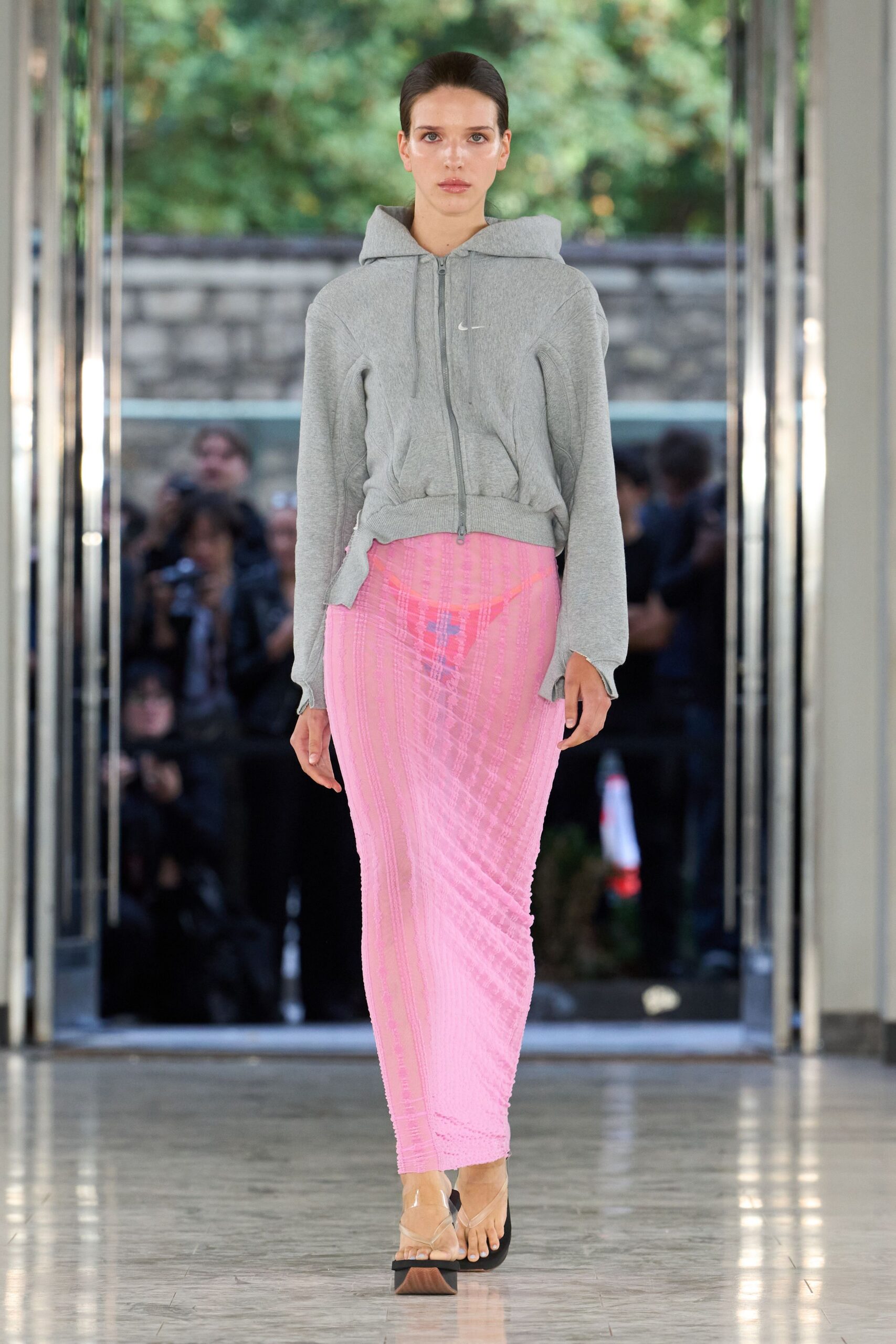 pink sheer ruched maxi skirt