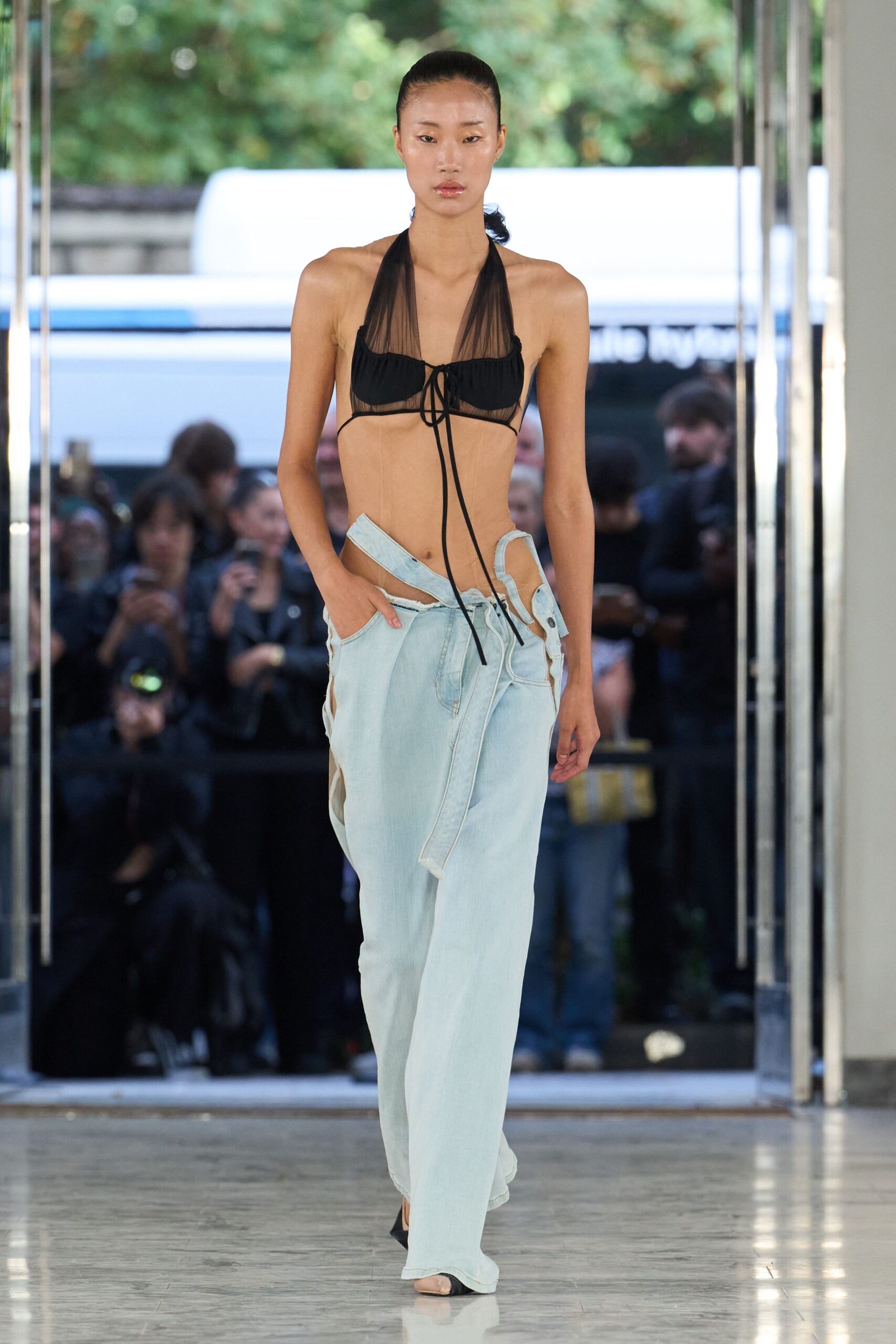 deconstructed wide-leg jeans