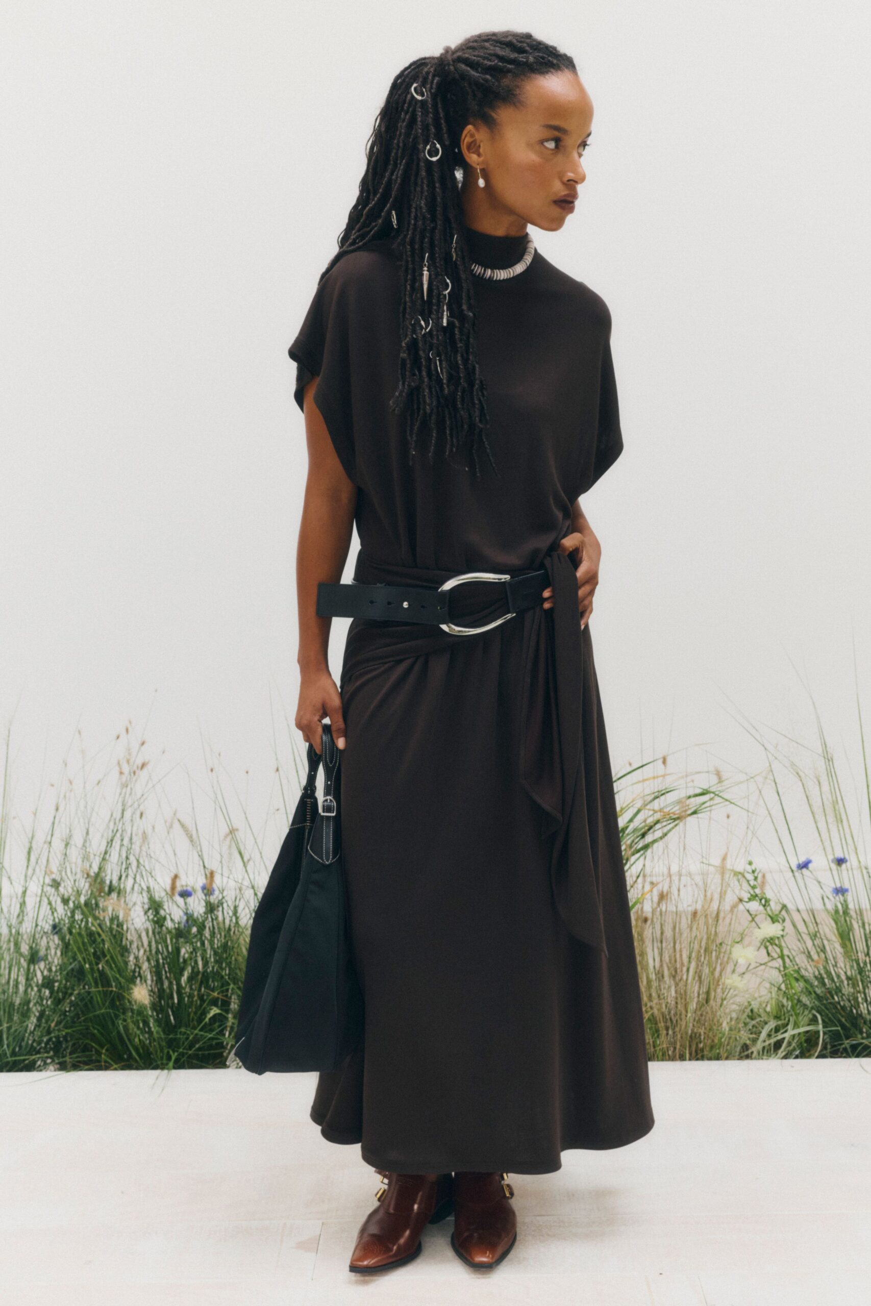 draped belted brown maxi dress