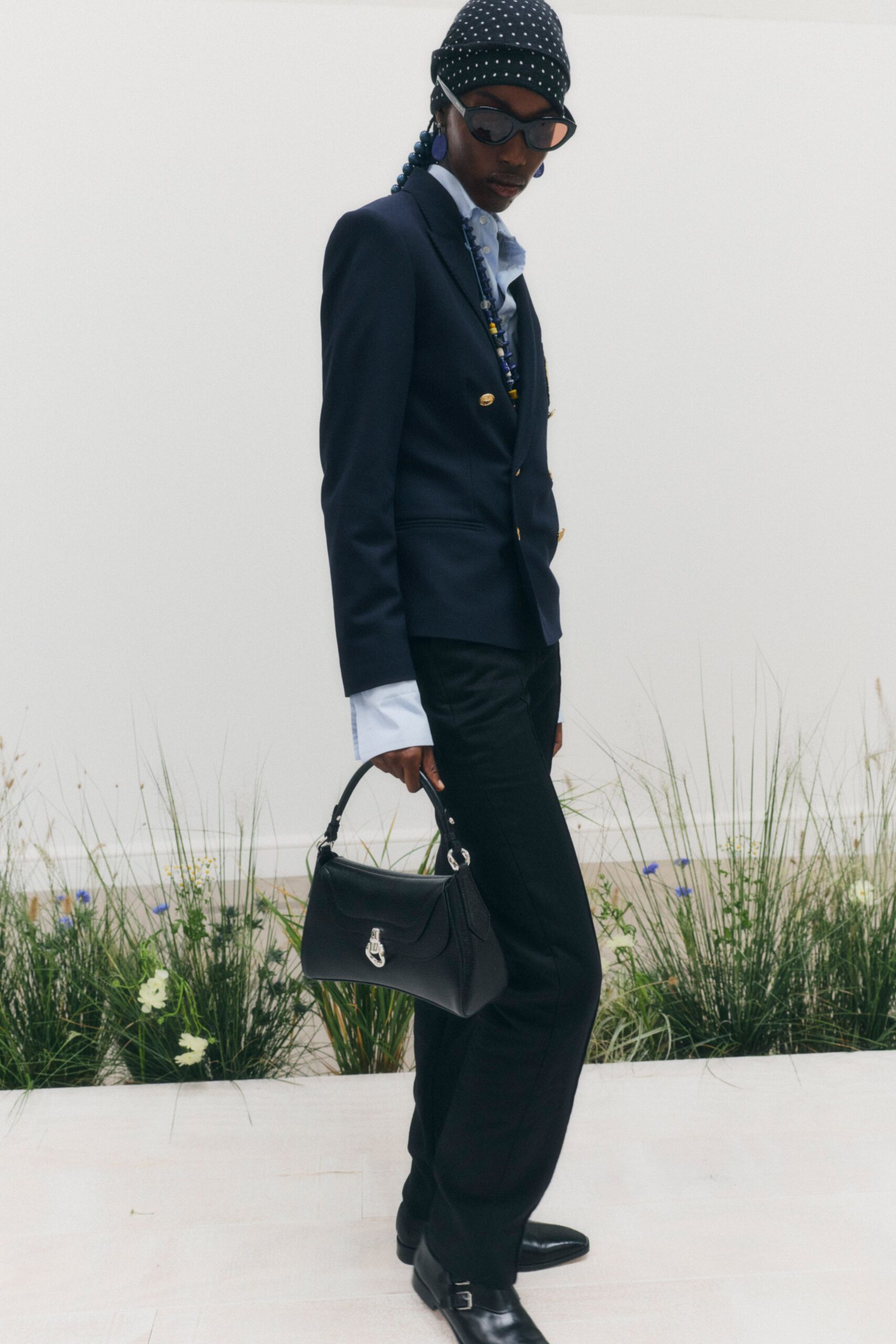 double-breasted navy blazer