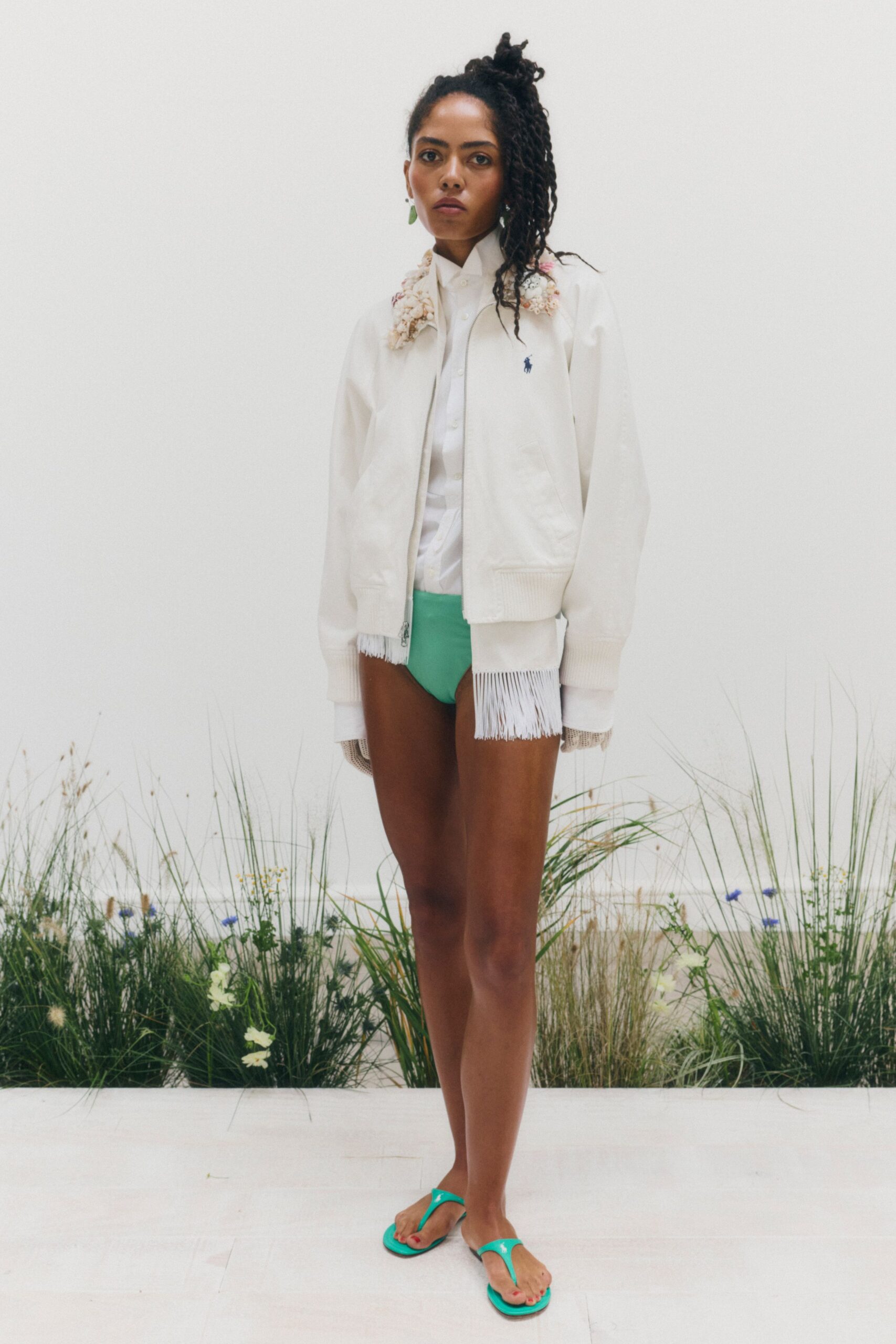white fringed bomber jacket