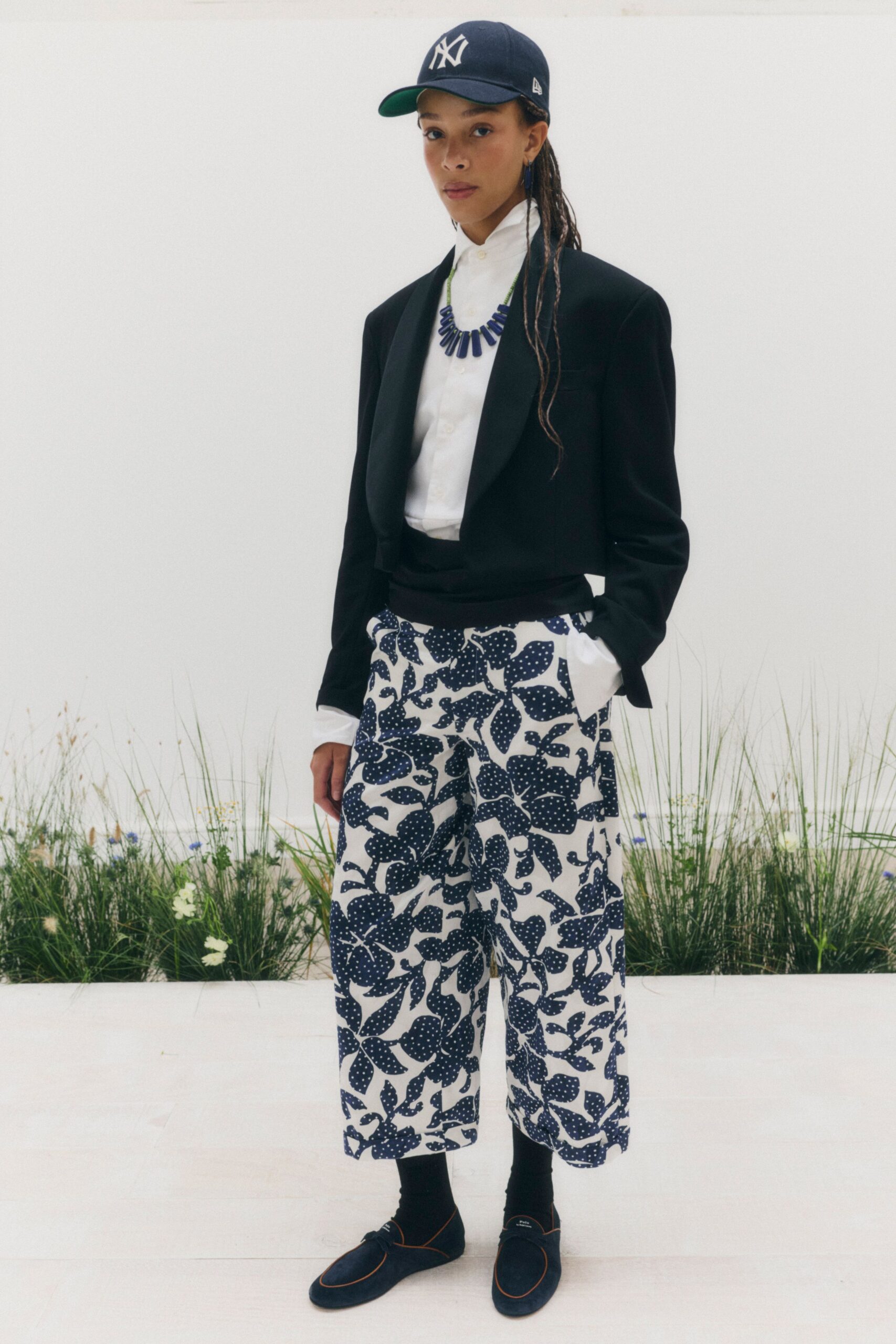 cropped tuxedo blazer with floral culottes