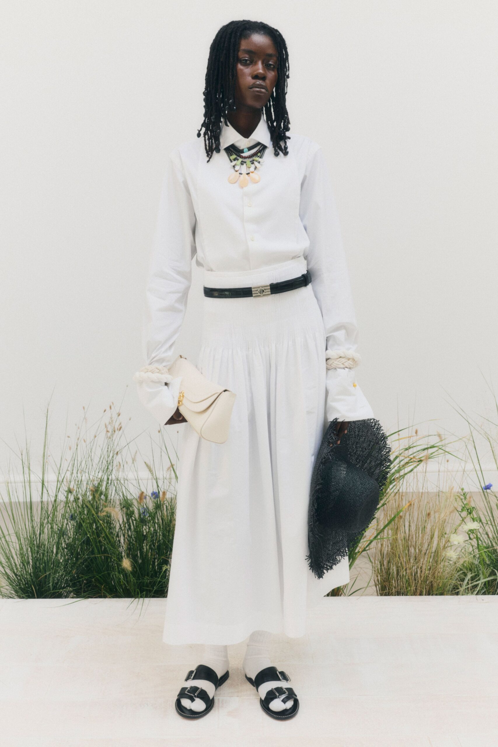 white pleated maxi skirt