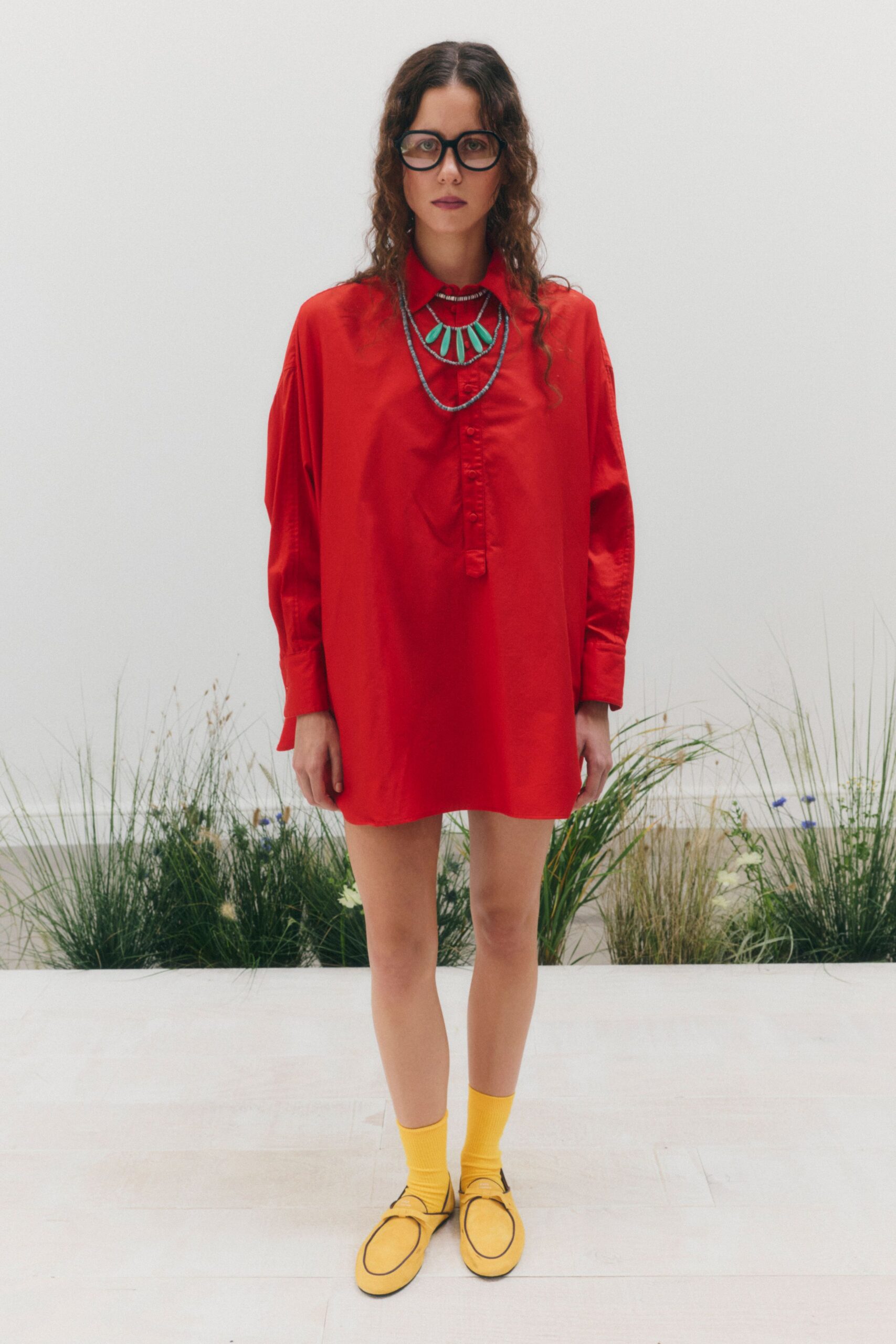 red satin shirt dress