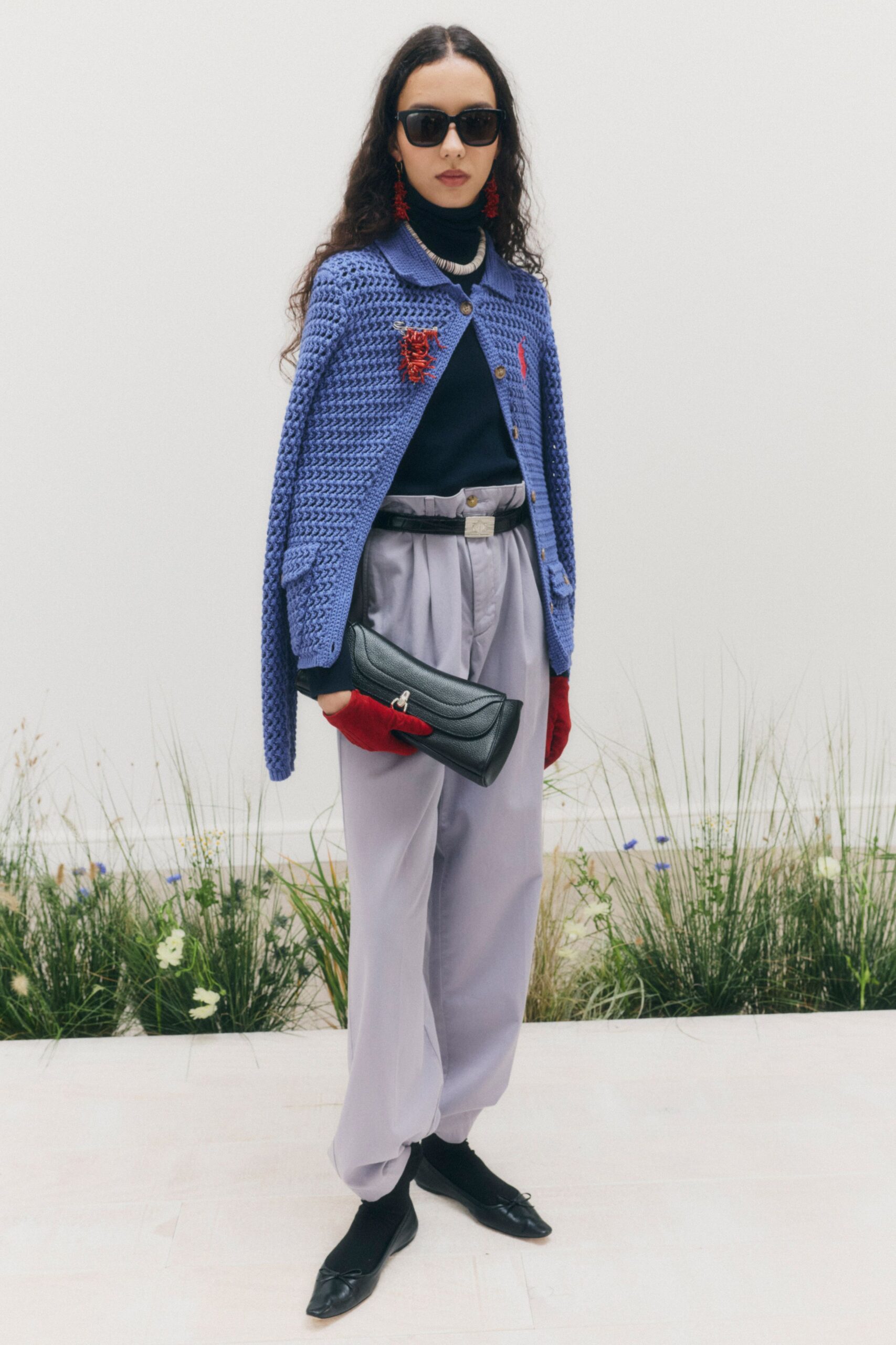 blue crochet collared cardigan