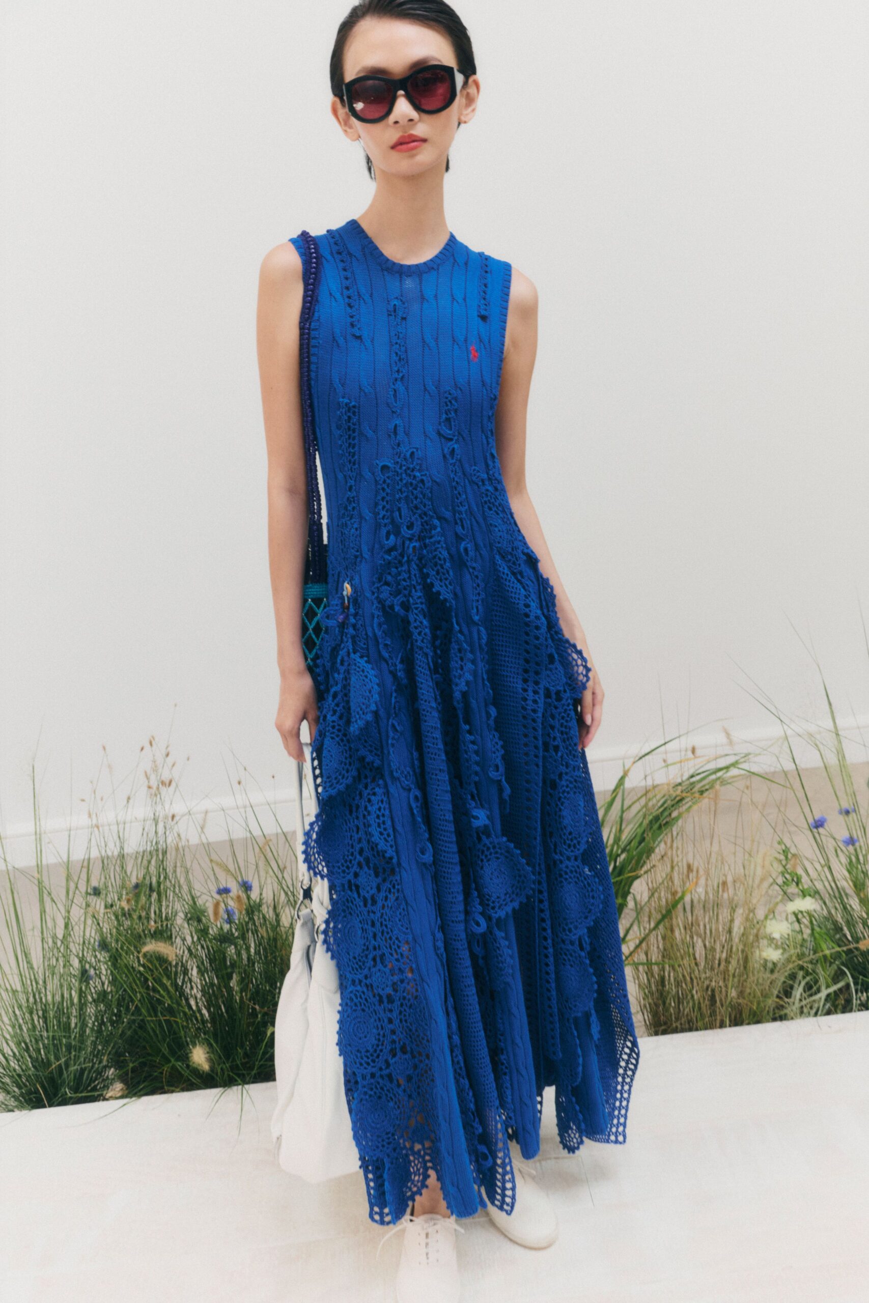blue crochet knit maxi dress
