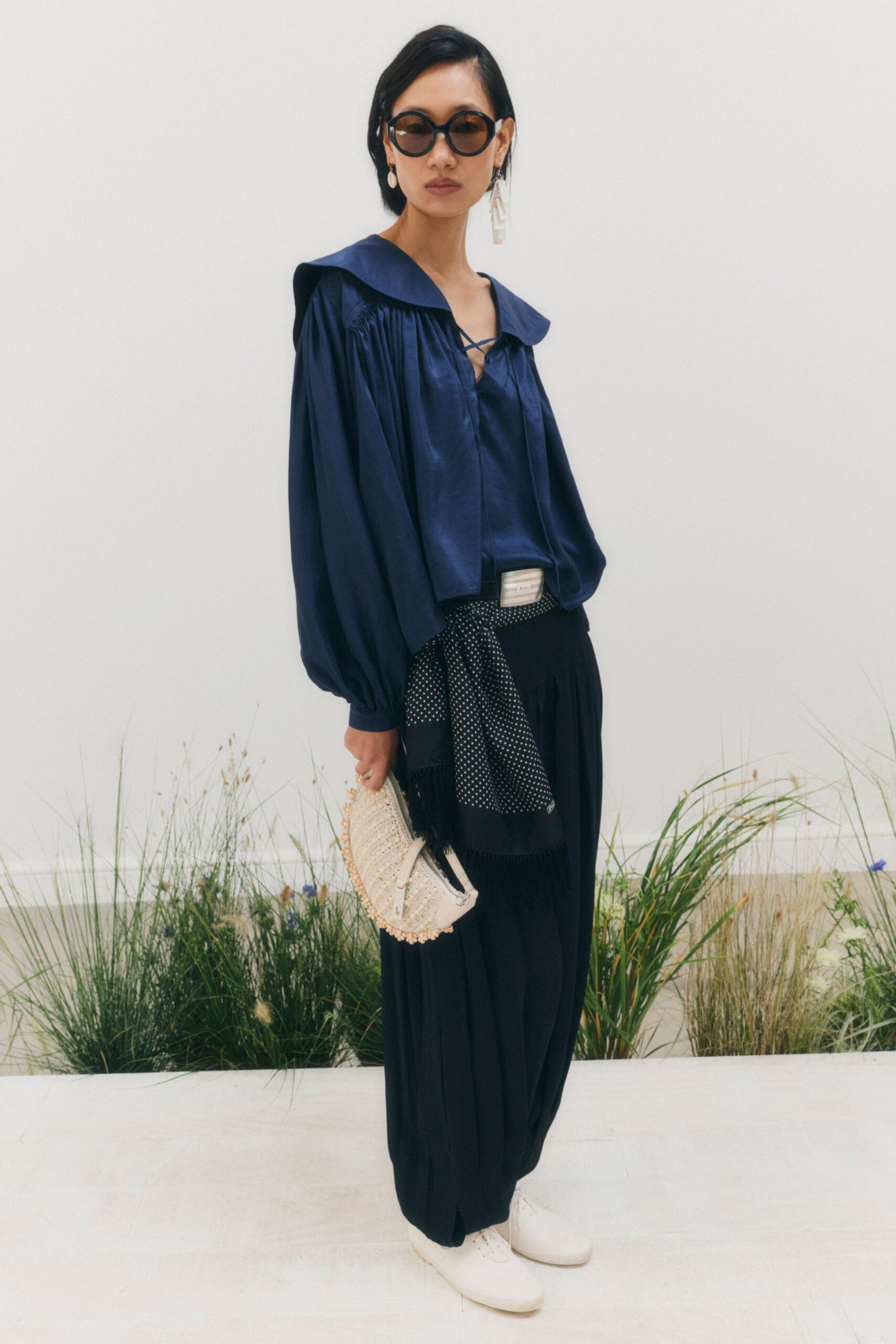 navy satin sailor-collar blouse