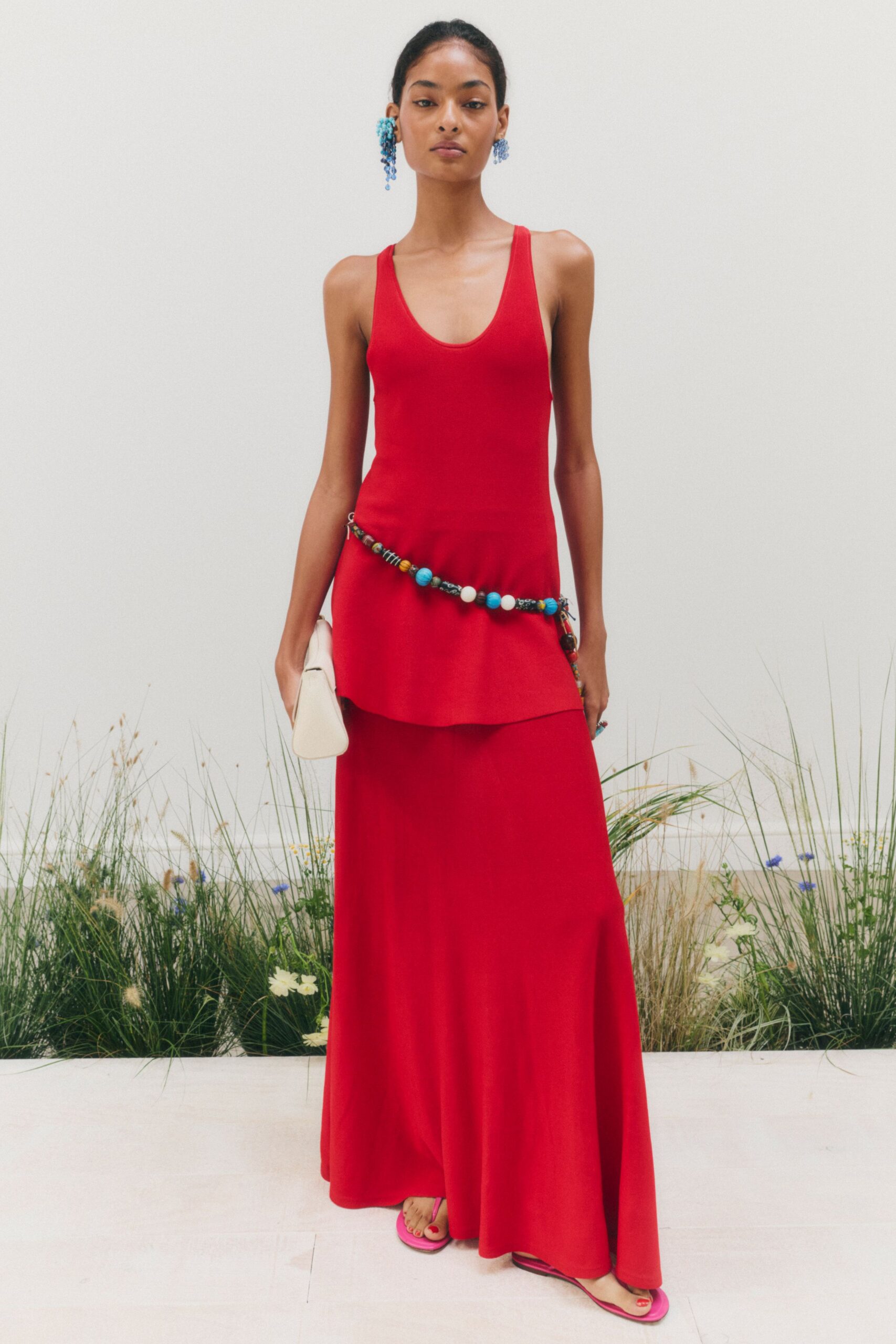 red knit drop-waist maxi dress
