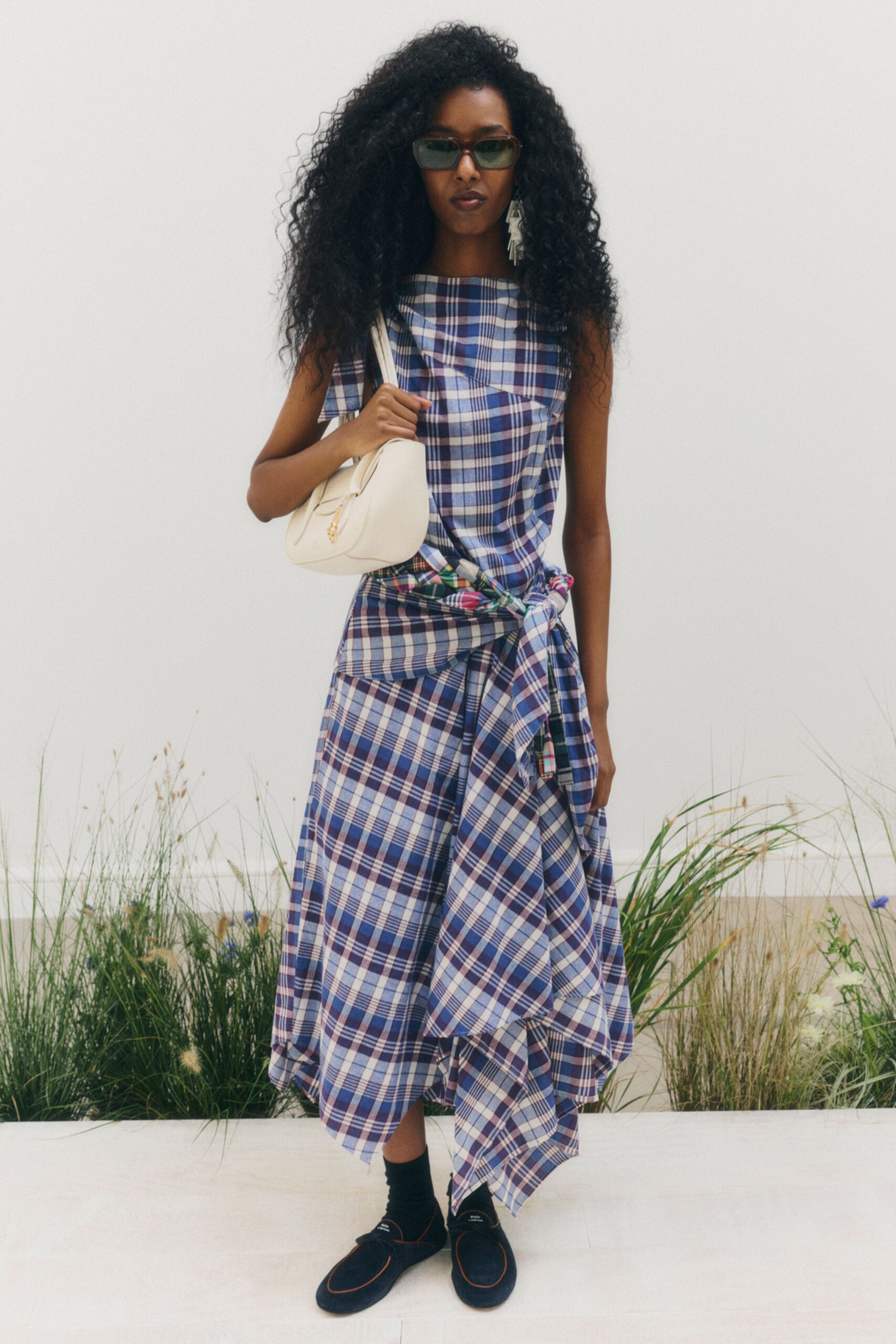 blue plaid draped maxi dress
