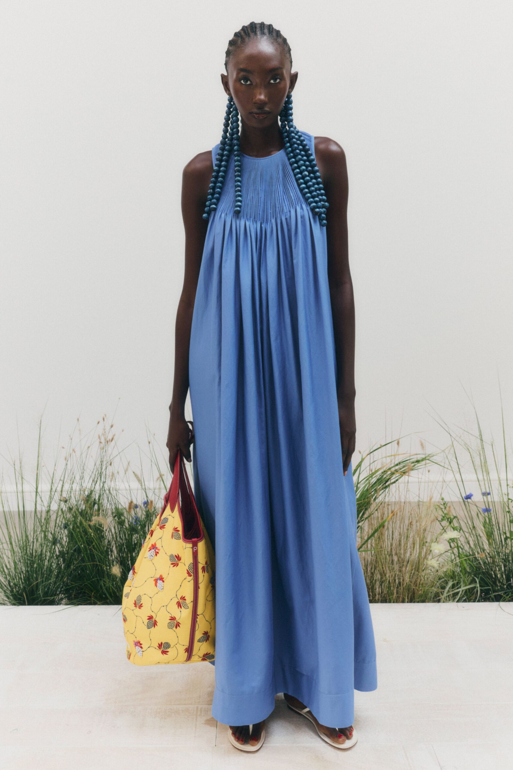 blue pleated maxi dress