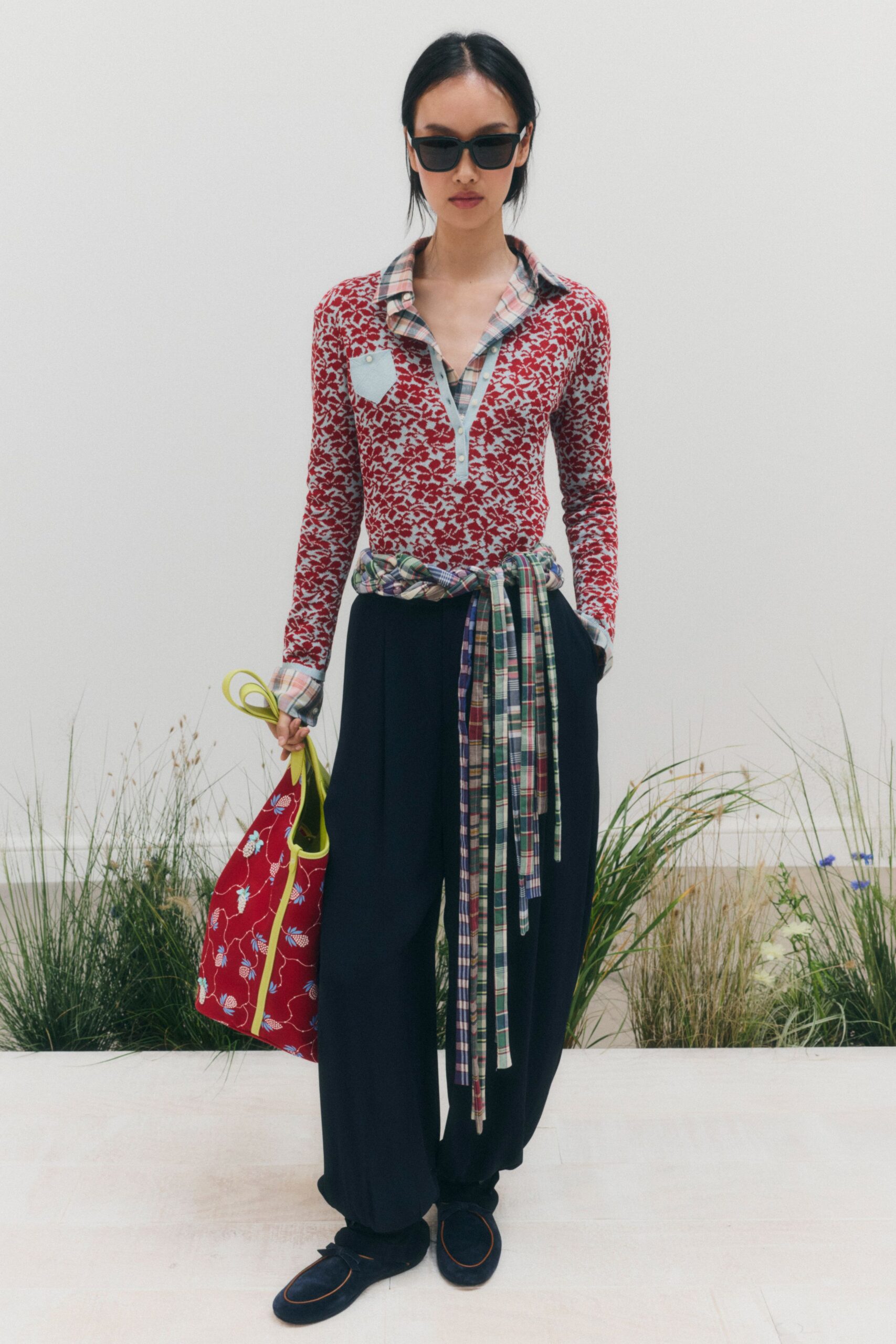 red printed knit polo shirt