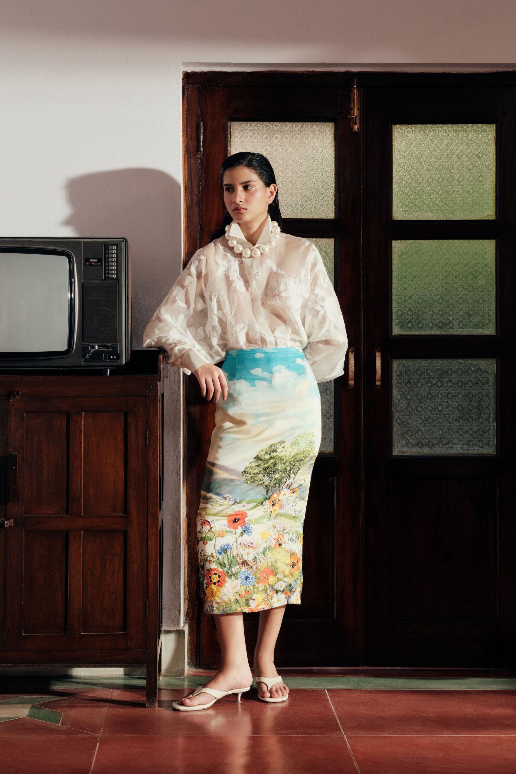 landscape floral print pencil skirt