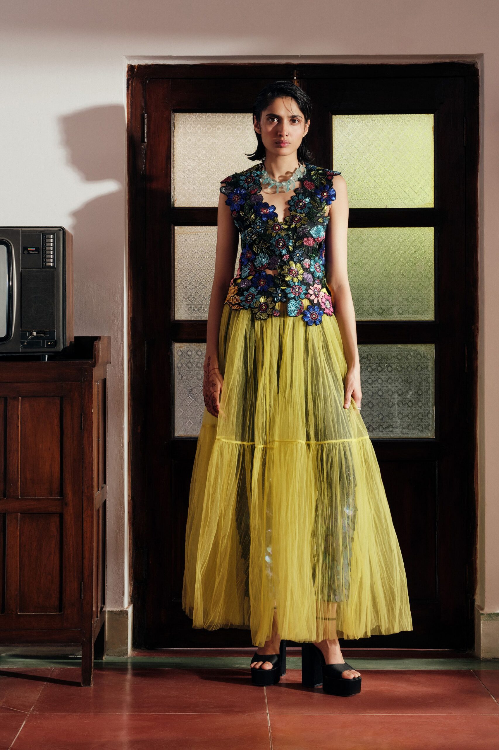 floral appliqué bodice with tulle skirt