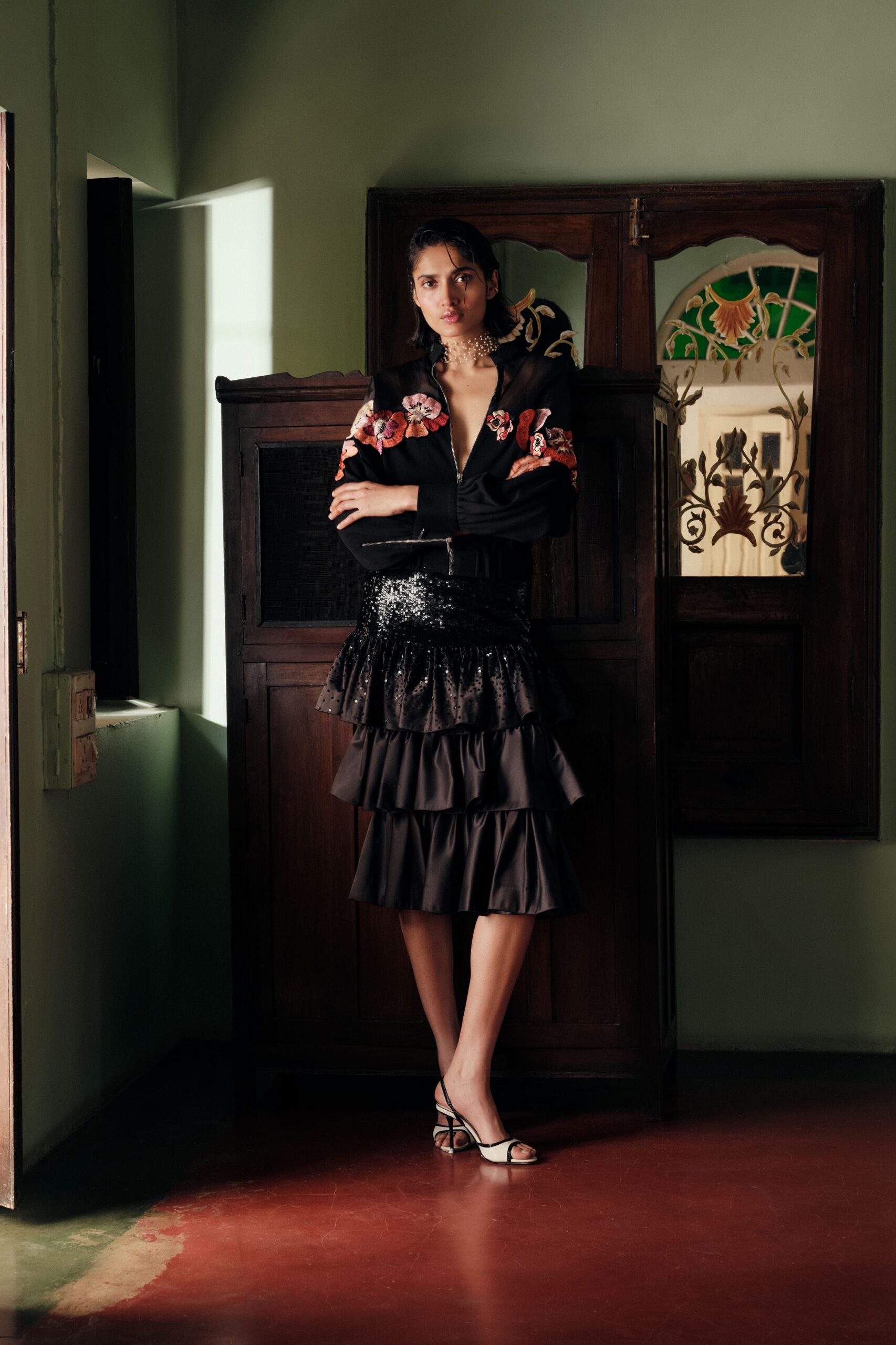 black floral tiered ruffle dress