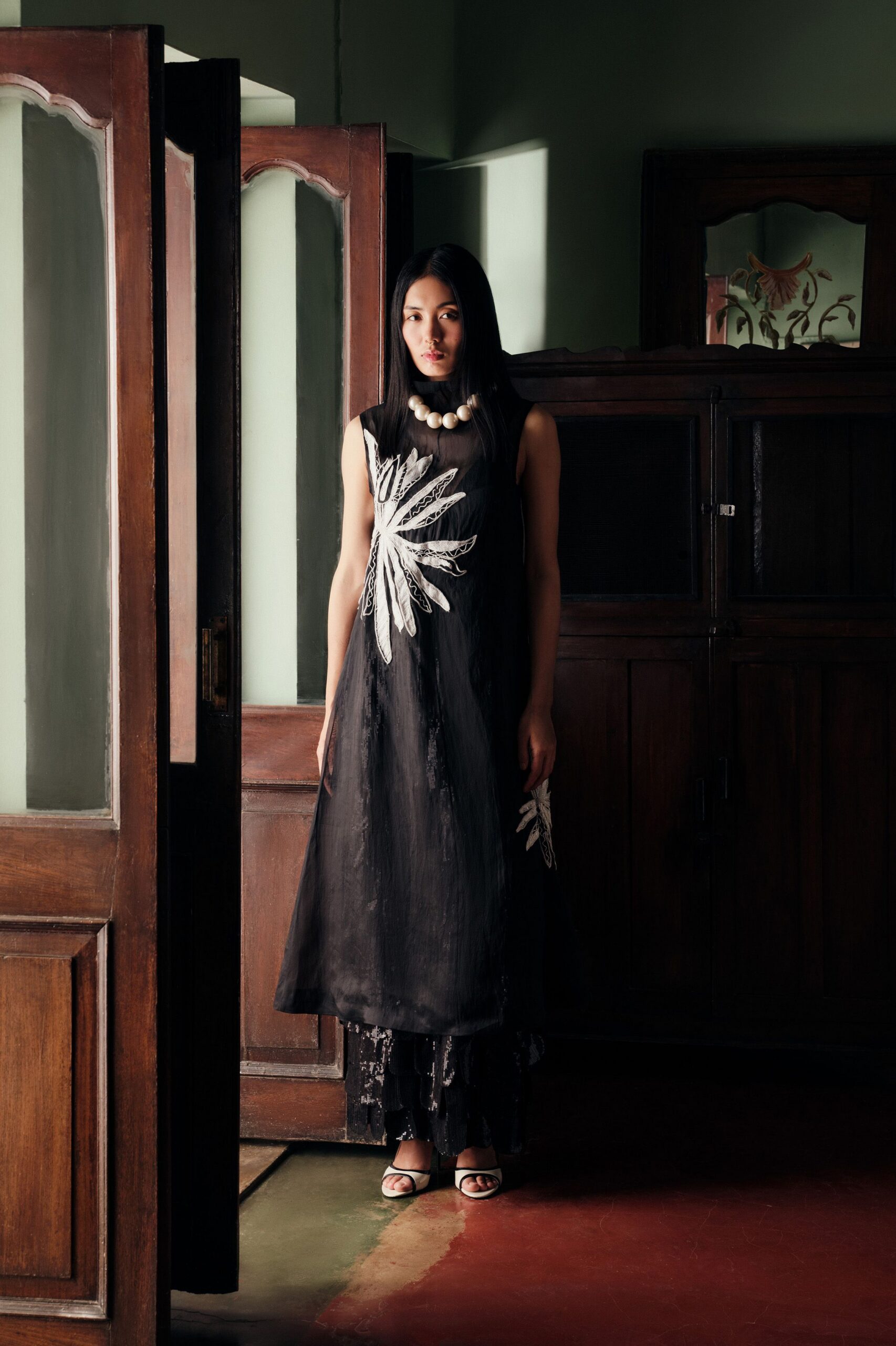 black sheer embroidered floral dress
