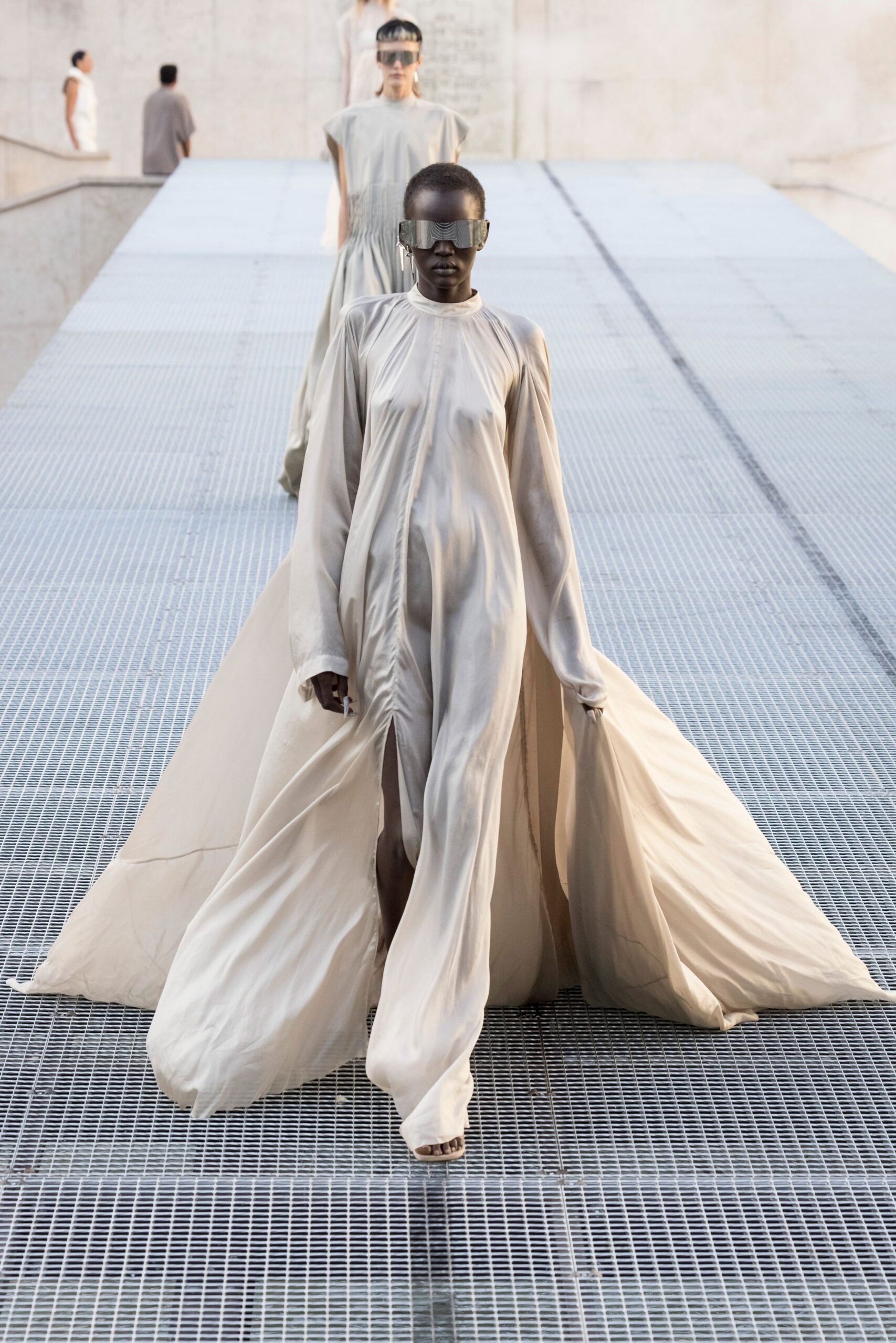 ivory satin cape-effect gown