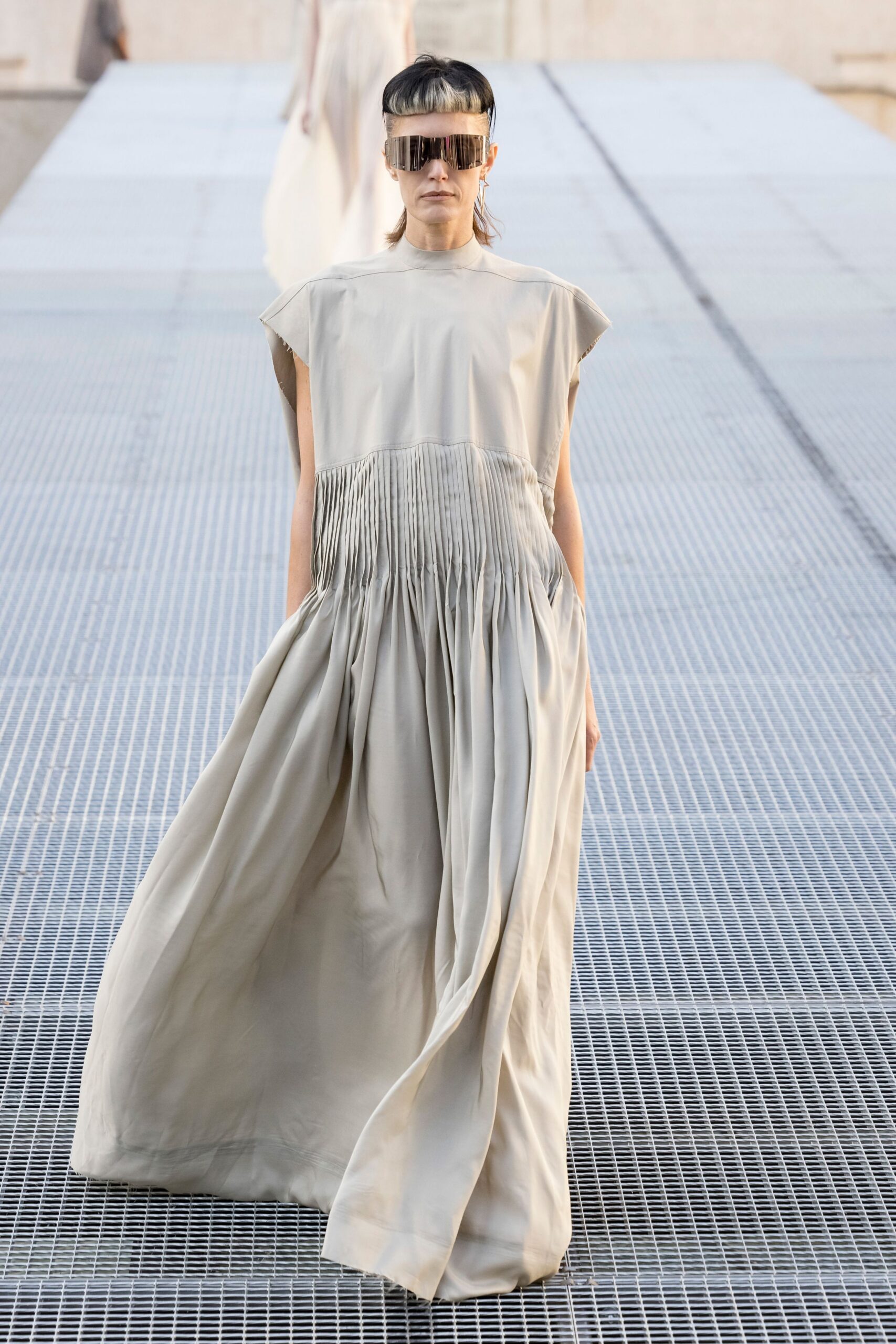 pleated high-neck ivory maxi dress