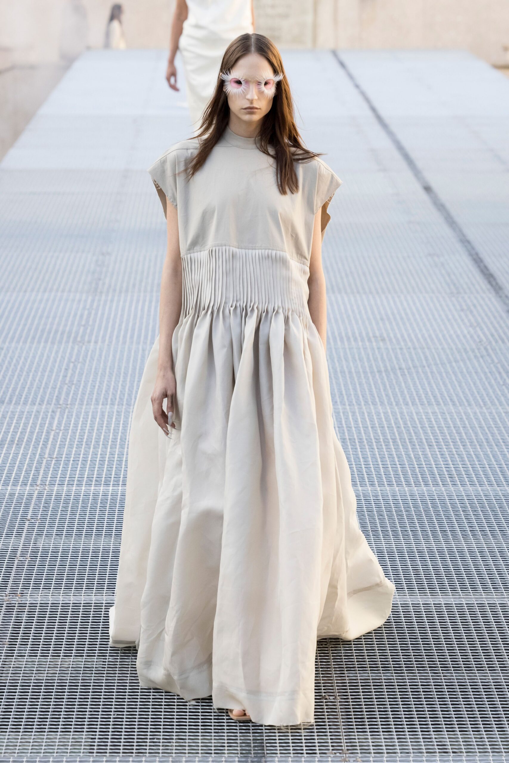 ivory pleated drop-waist gown