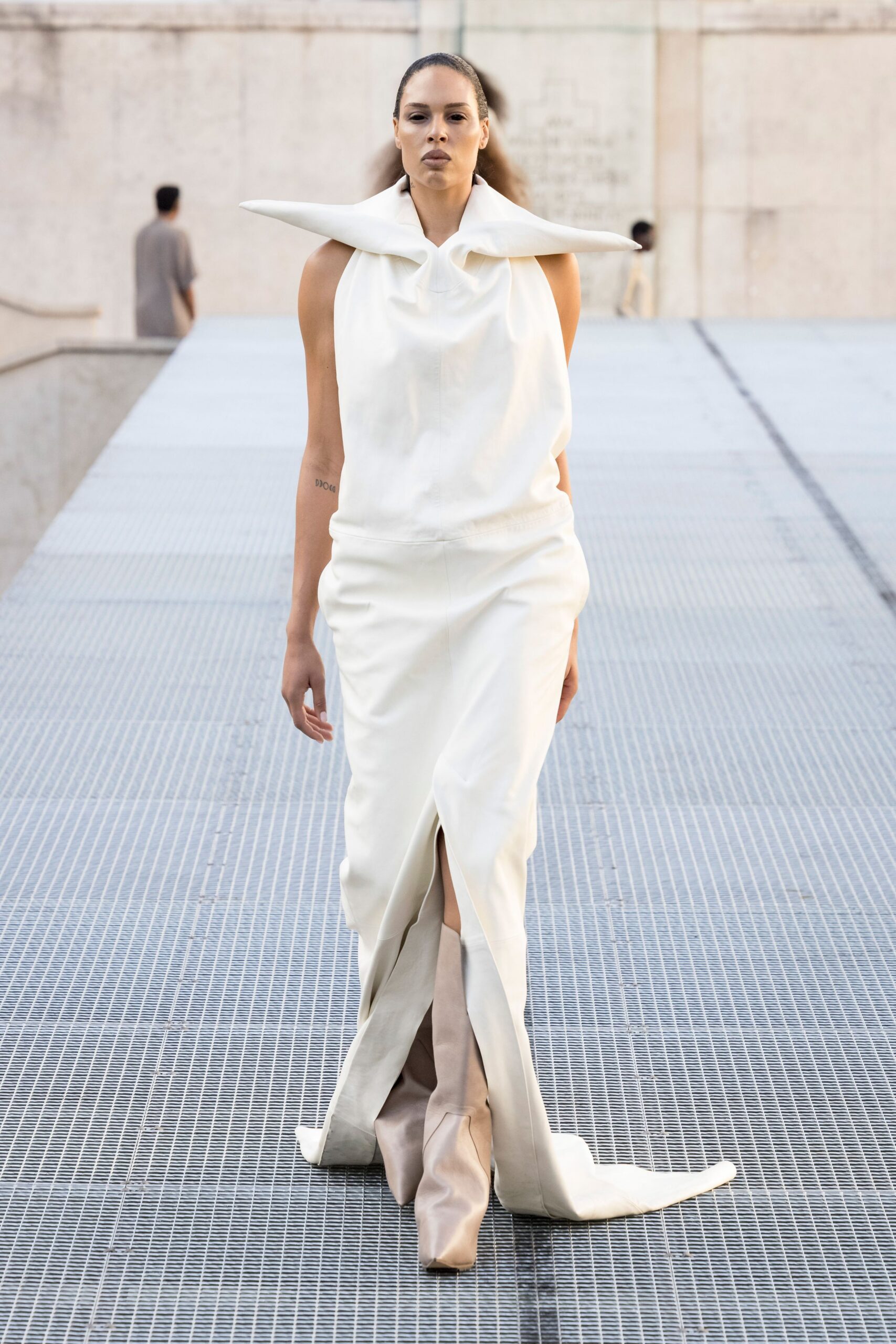 sculptural ivory draped evening gown
