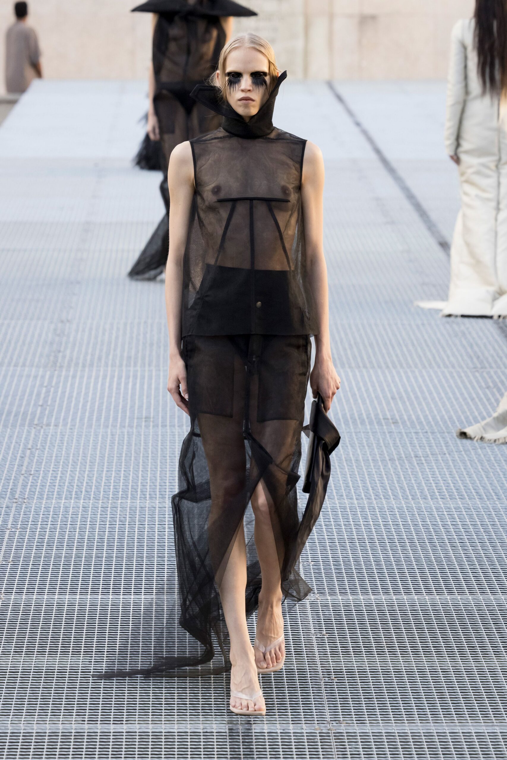 black organza sleeveless high-neck panelled sheer flowing dress