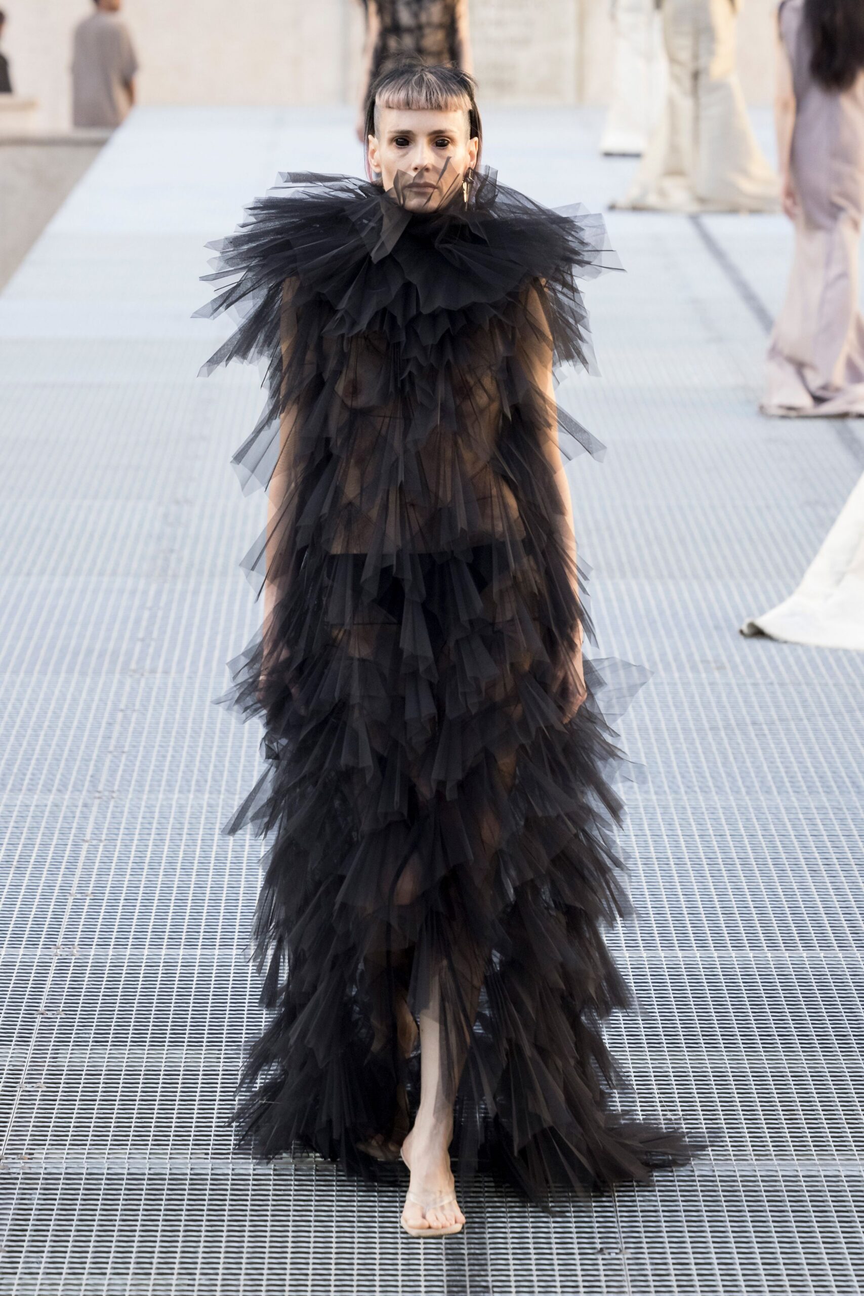 sheer black ruffled tulle gown