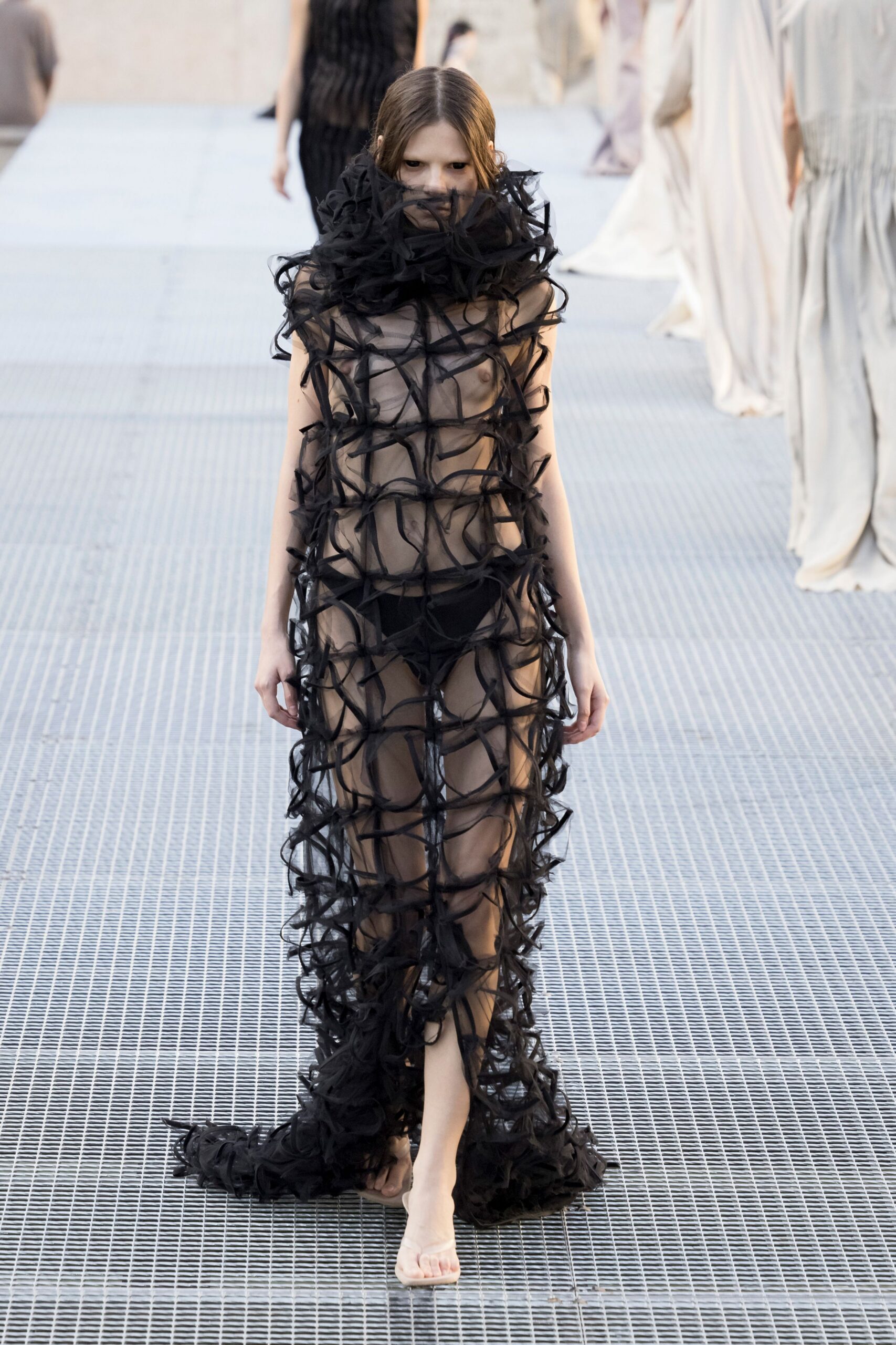 sheer black ruffled organza gown