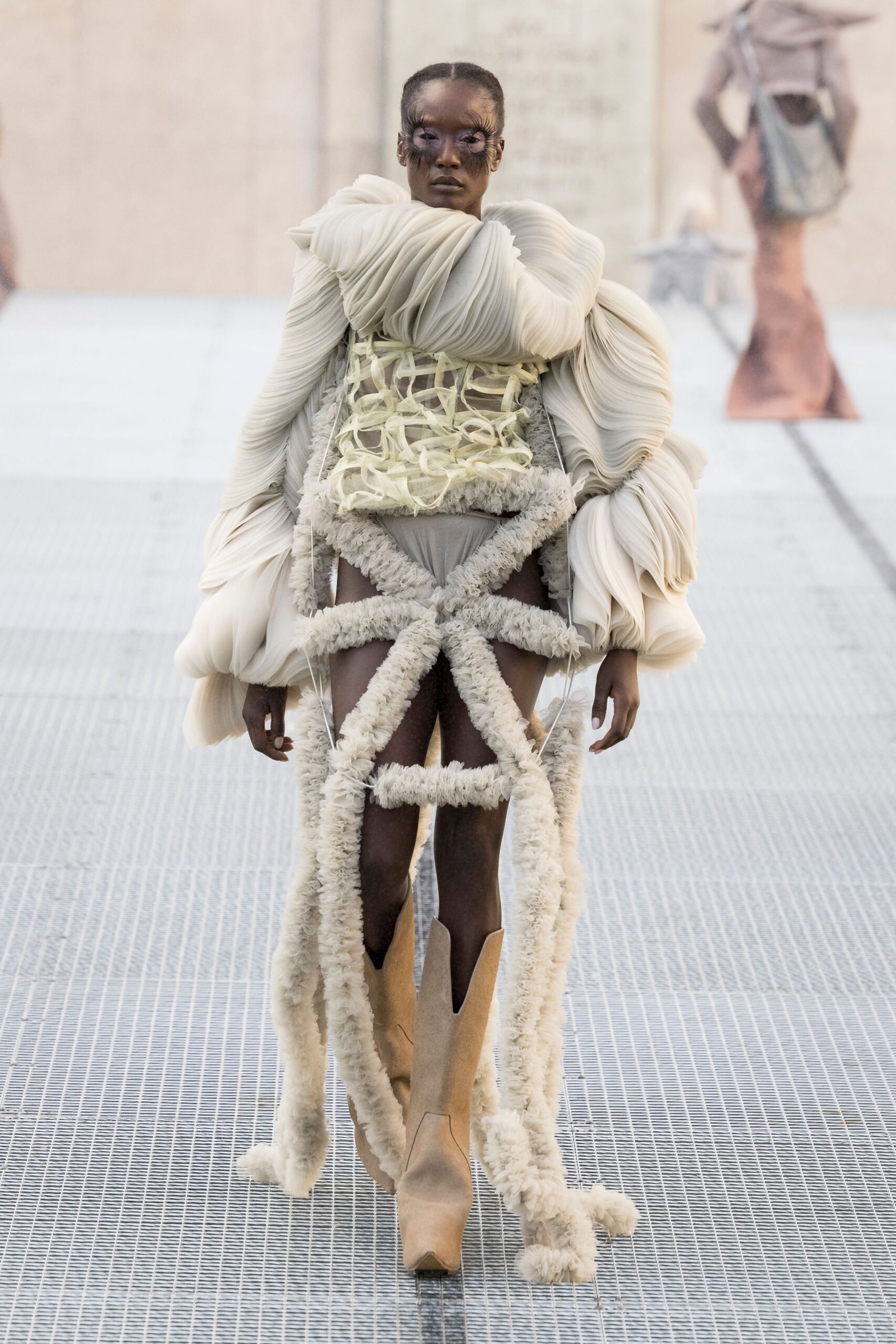 sculptural ivory ruffled mini dress