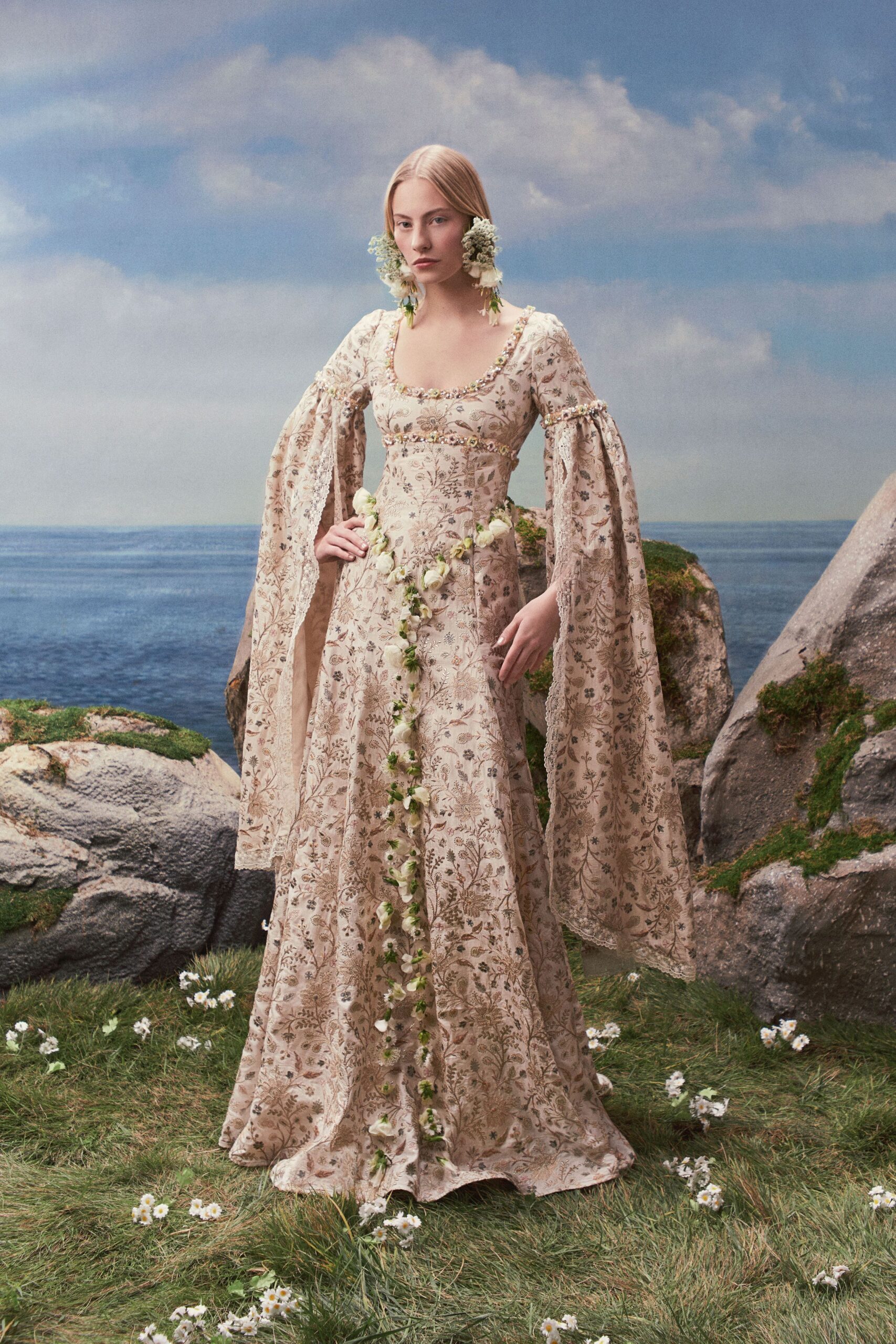 floral brocade bell-sleeve gown