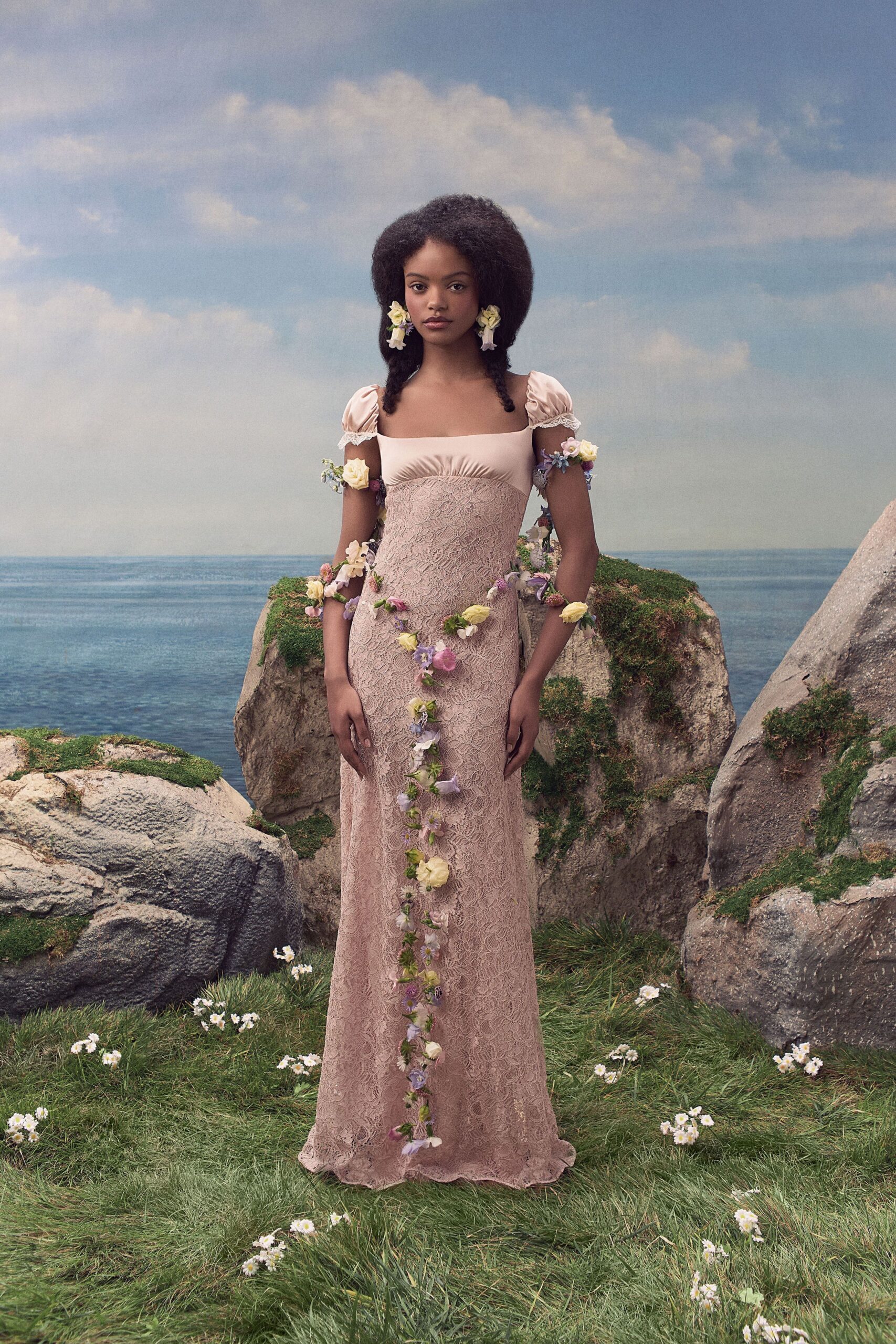puff-sleeve lace evening gown