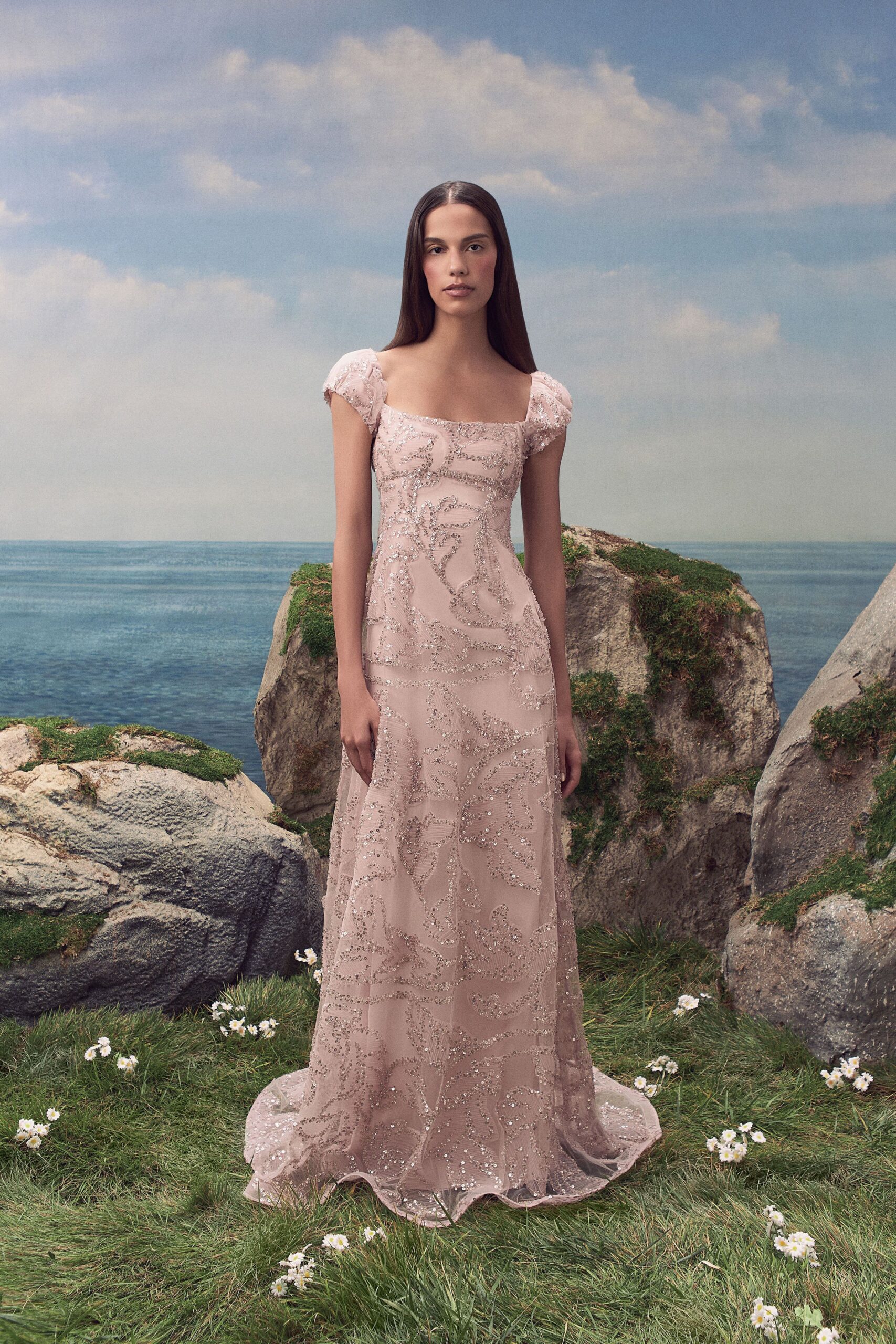 pink sequined cap-sleeve evening gown
