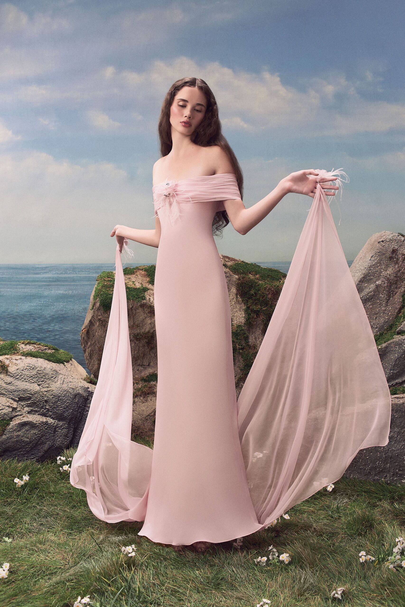 pink off-shoulder chiffon evening gown