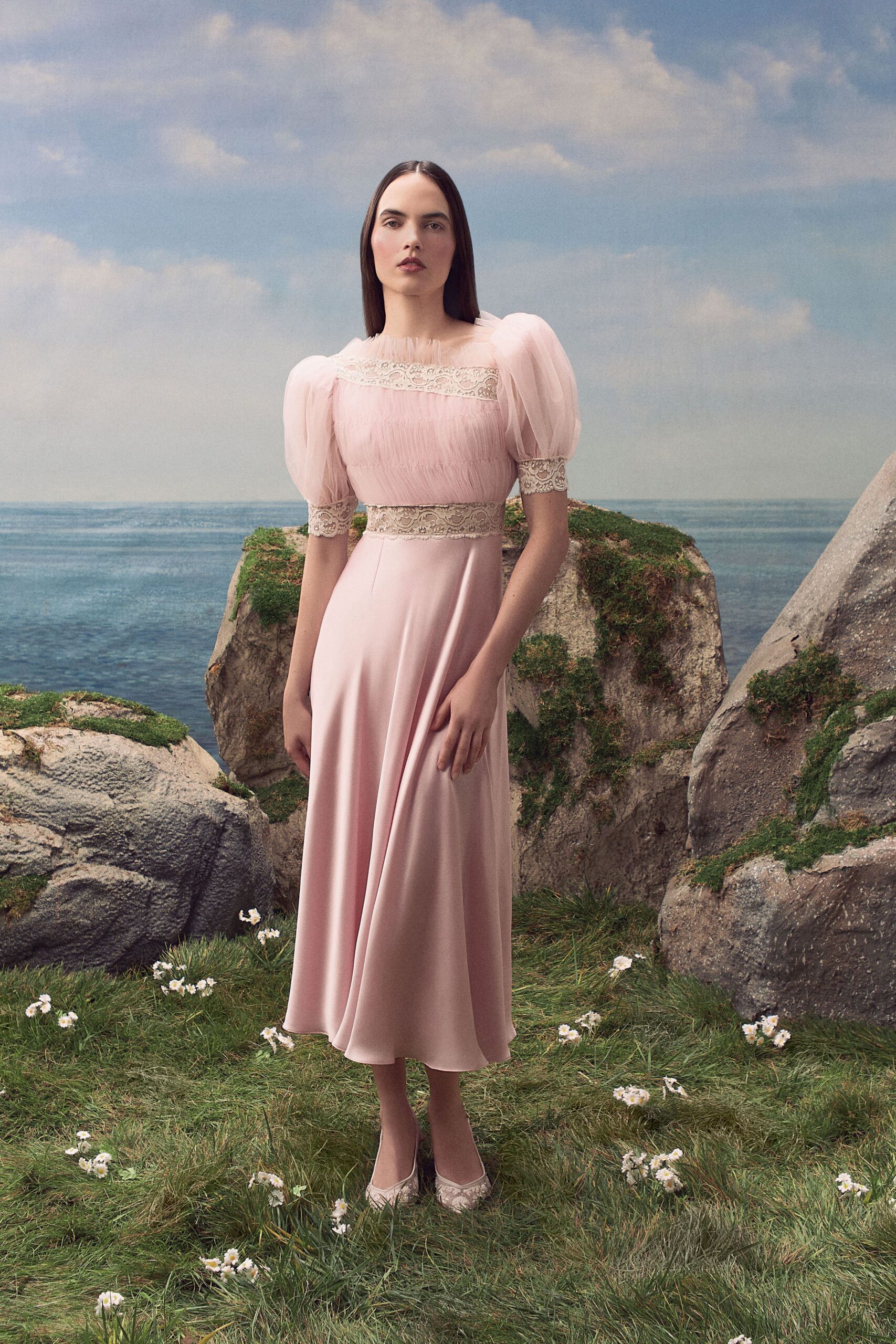 pink satin square-neck short-sleeve fitted ruched a-line midi-dress