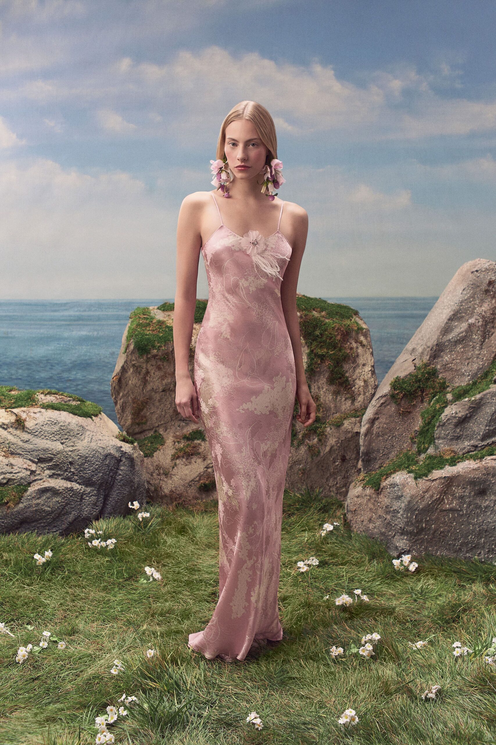 pink floral satin slip dress