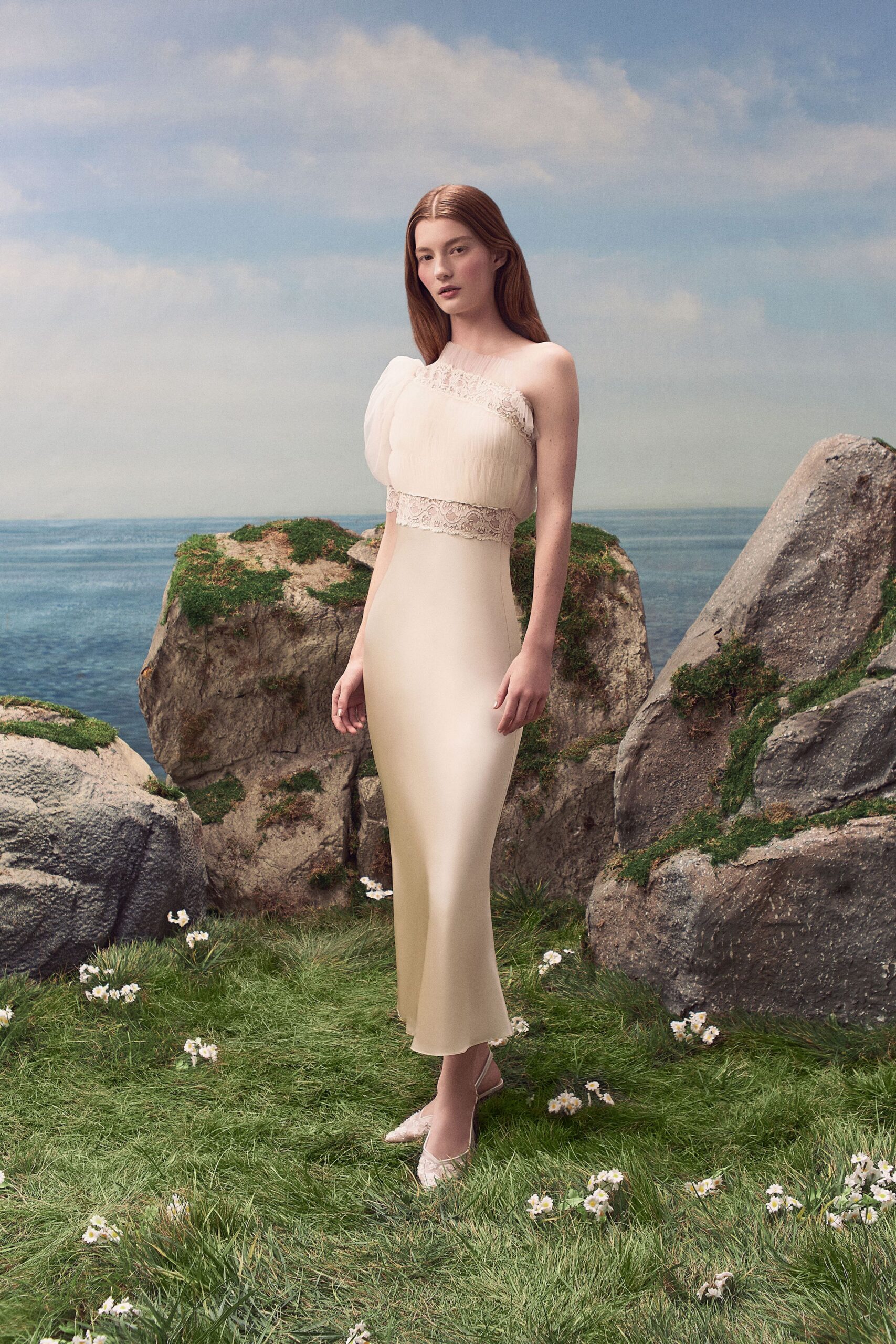 one-shoulder lace-trim chiffon gown