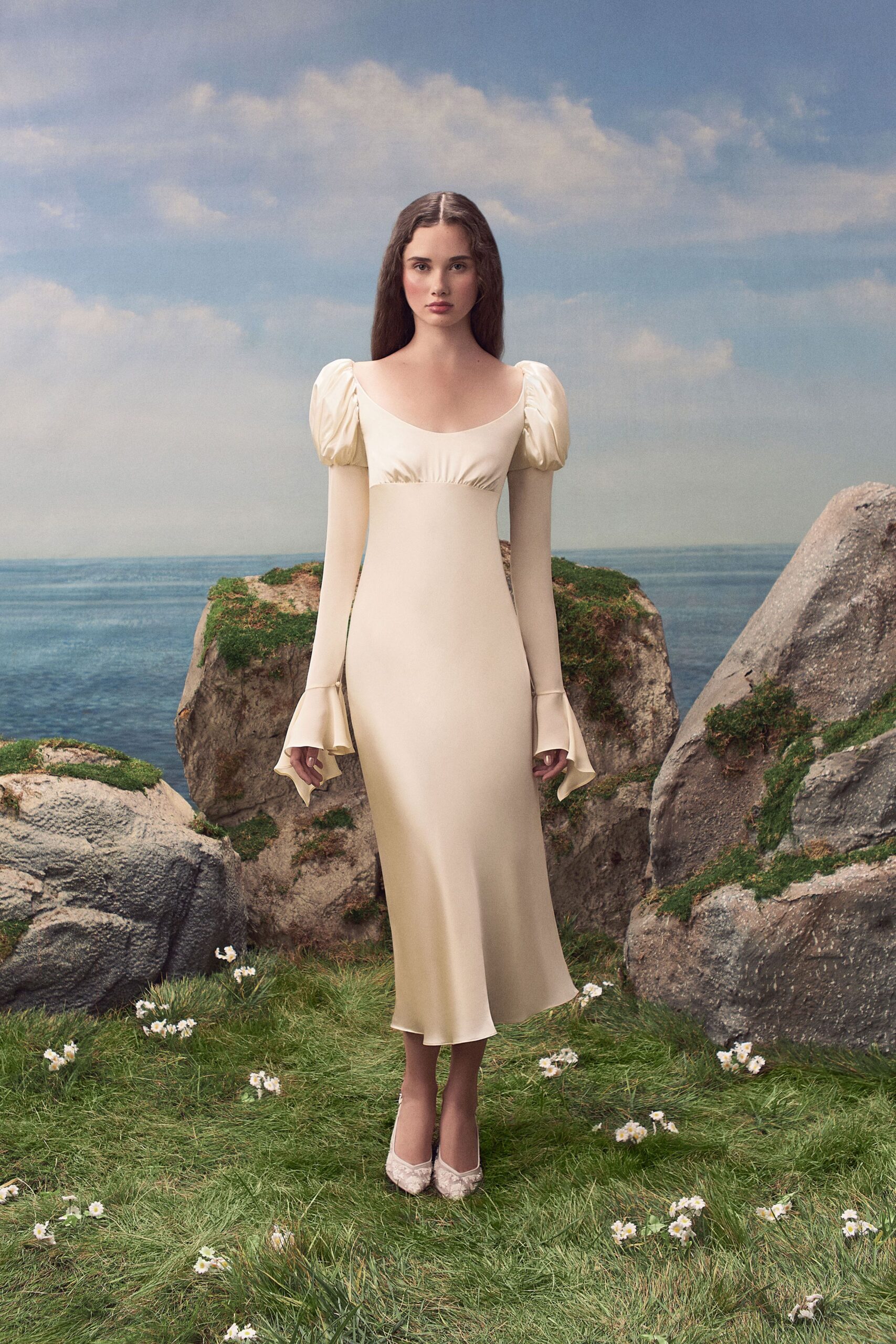 ivory empire-waist puff-sleeve gown