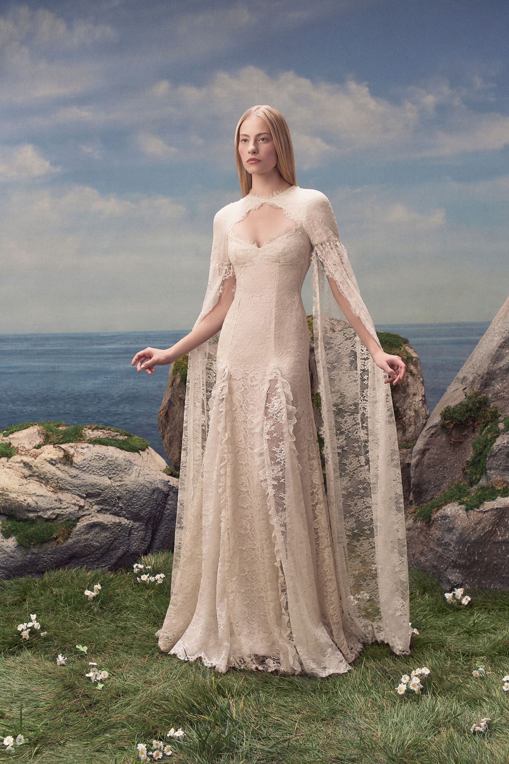 ivory lace bridal cape-sleeve gown