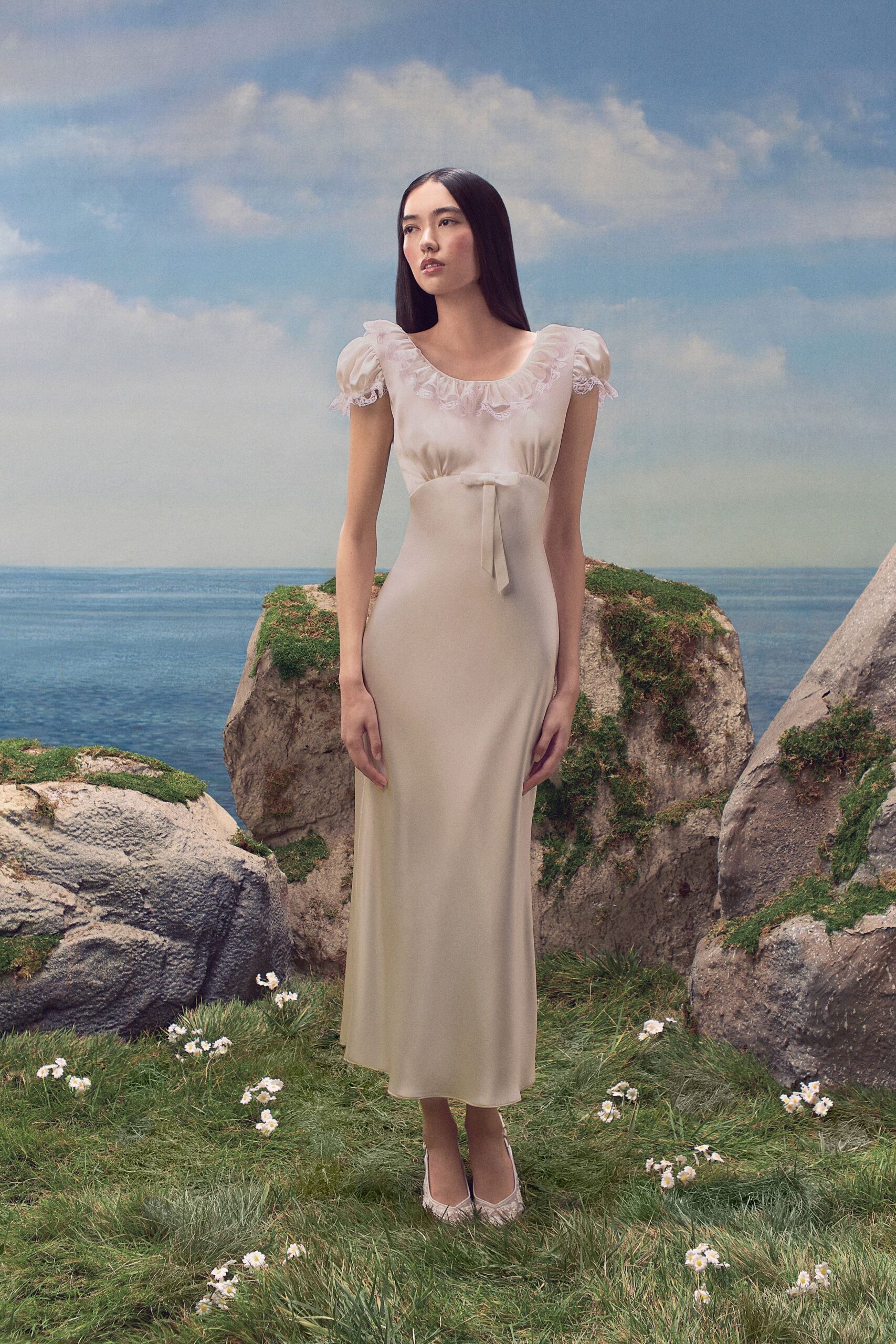ivory empire-waist satin maxi dress