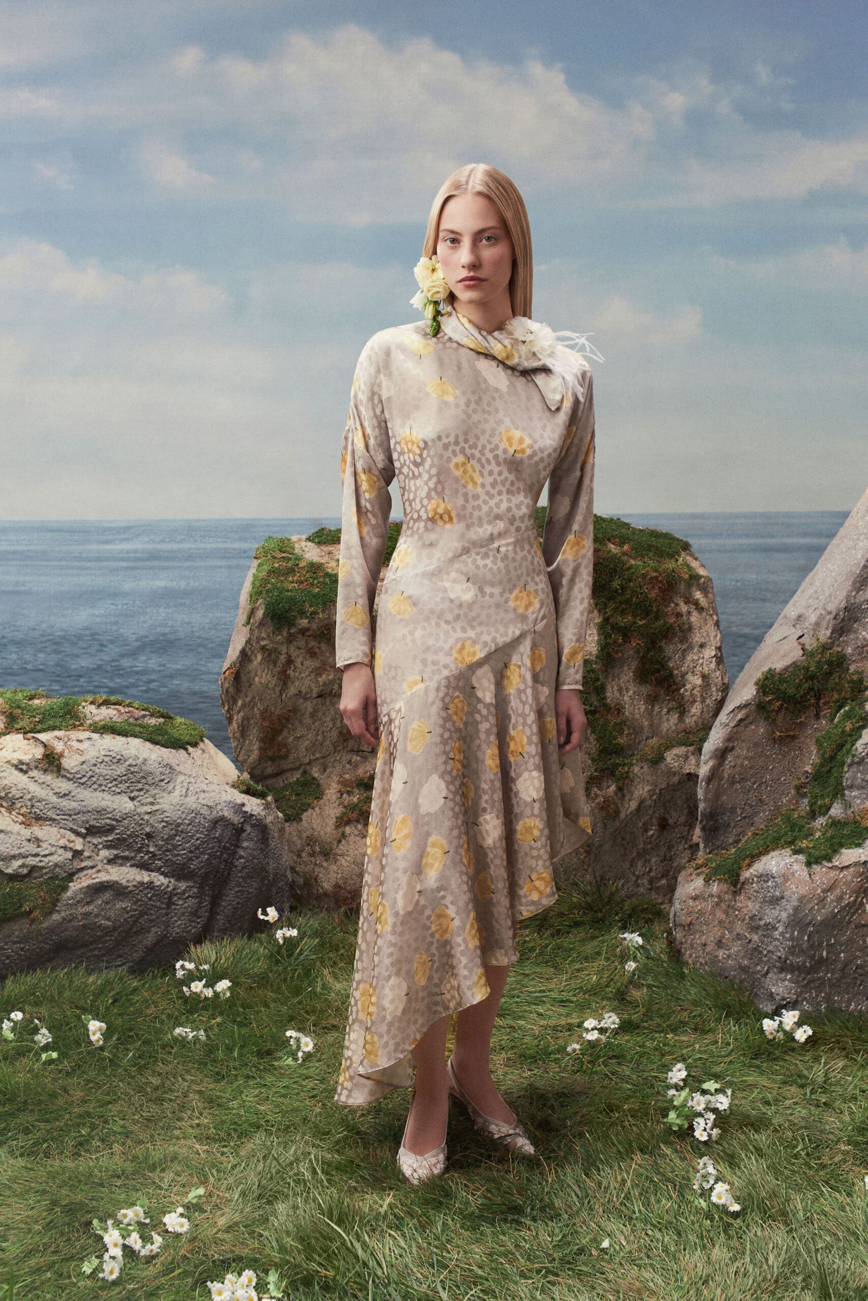 floral bias-cut satin scarf-neck dress