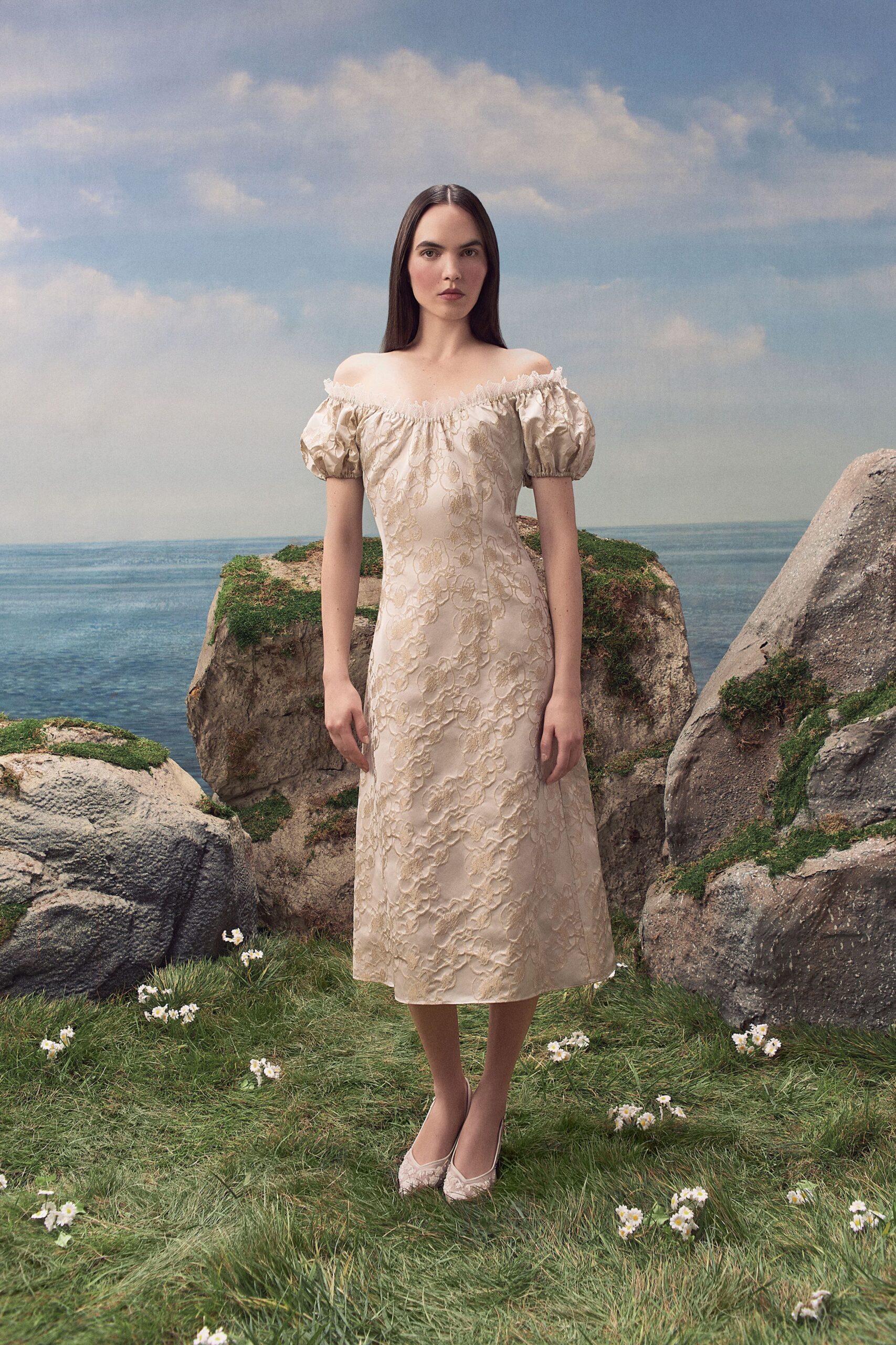 off-shoulder floral brocade midi dress