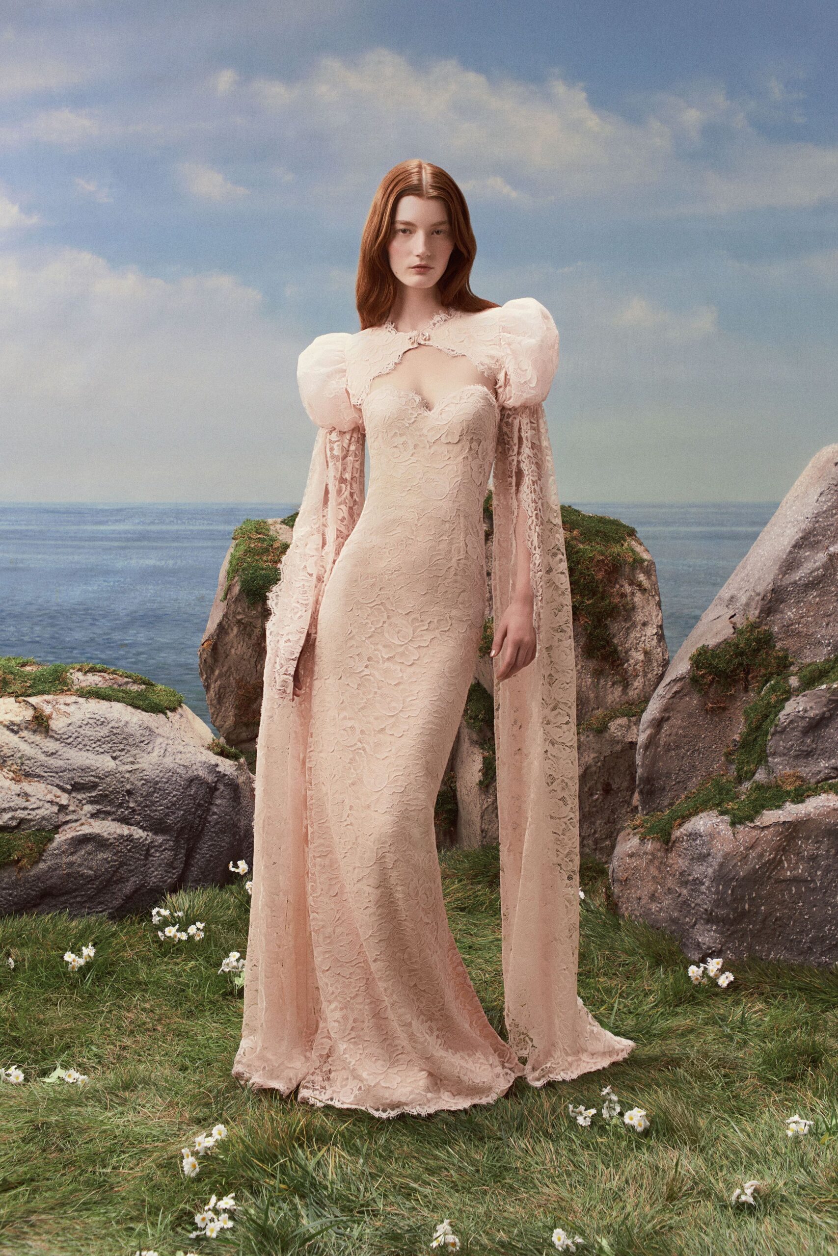 lace bridal gown with puff sleeves