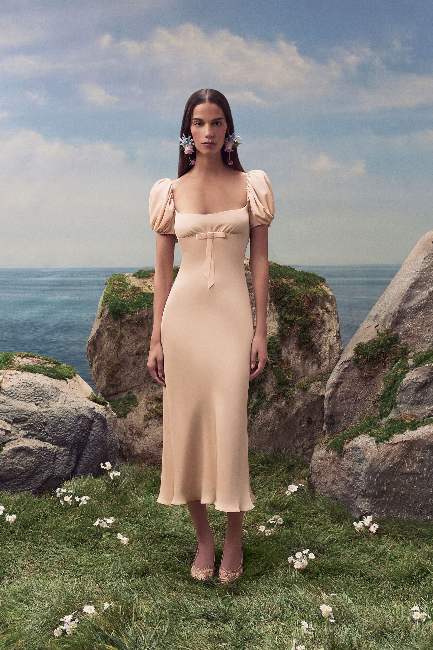 champagne puff-sleeve bias-cut maxi dress